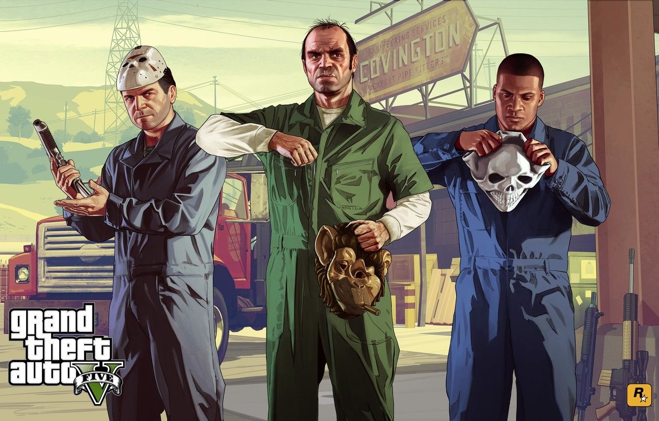 1340x850 Wallpaper gun, skull, monkey, mask, Rockstar, gta, Grand Theft Auto V, GTA V, gta Franklin Clinton, Trevor Phillips, Michael Townley, Overalls image for desktop, section игры, Desktop