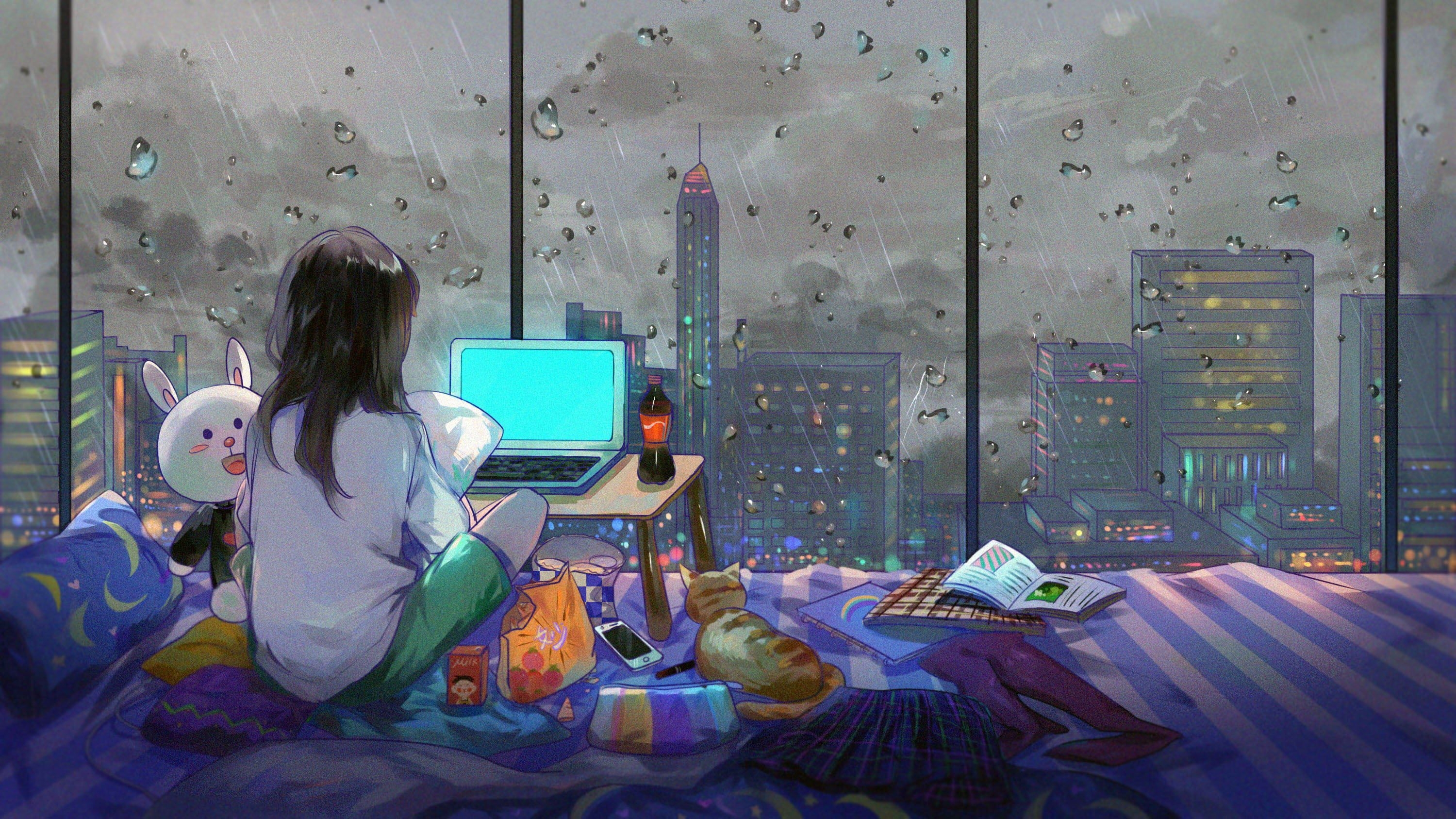 3000x1690 girl sitting on bed watching laptop computer illustration #artwork, Desktop