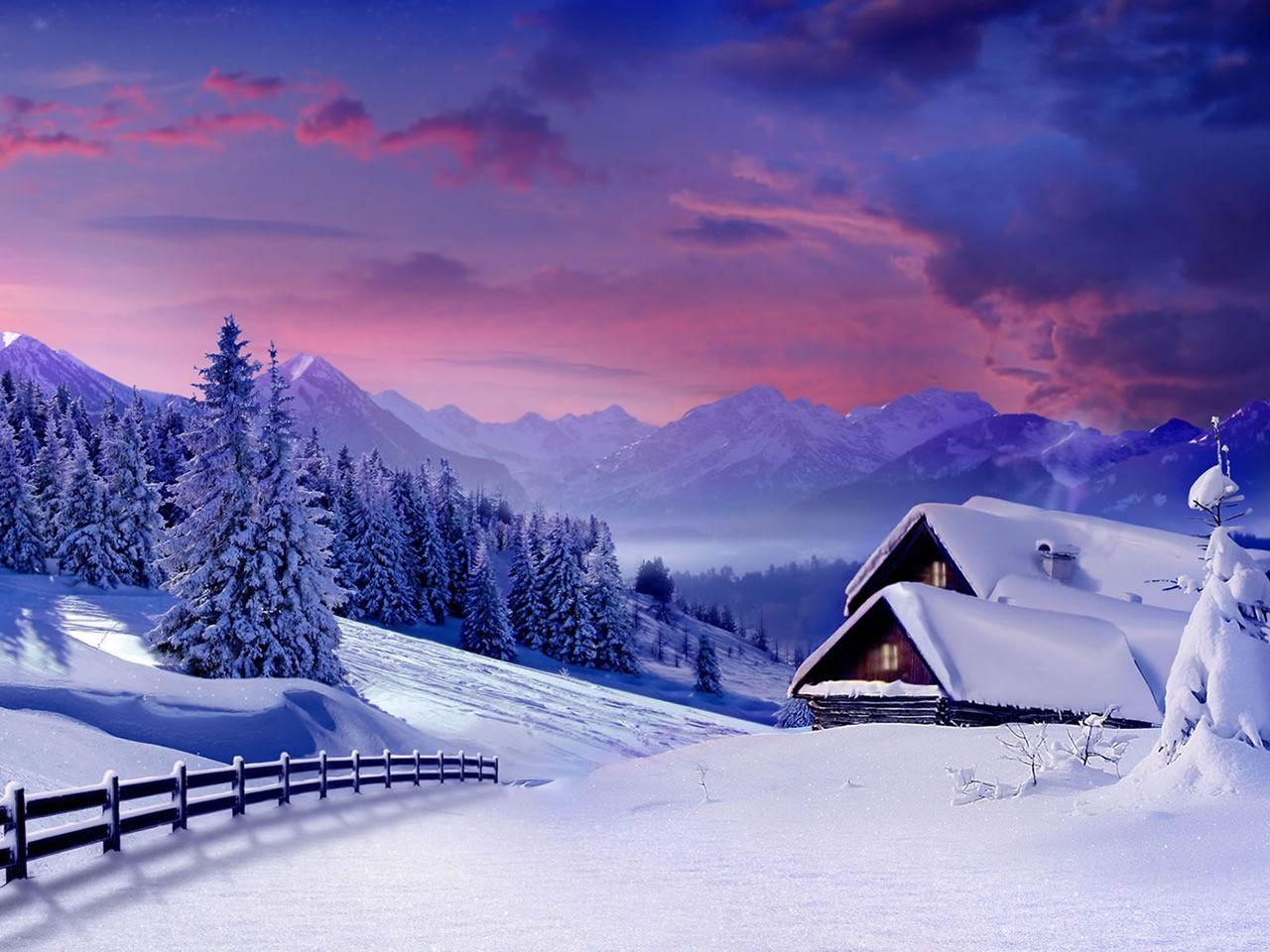 1280x960 Pink Sunset Wallpaper Winter Cabins Fence Pines Purple Sky Snow. Winter landscape, Winter scenery, Winter picture, Desktop