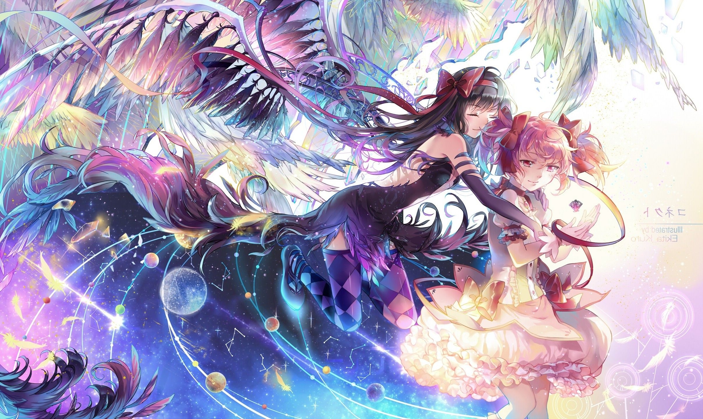 2420x1440 Wallpaper, Mahou Shoujo Madoka Magica, Kaname Madoka, Akuma Homura, Akemi Homura, abstract, anime girls, white skin, Desktop