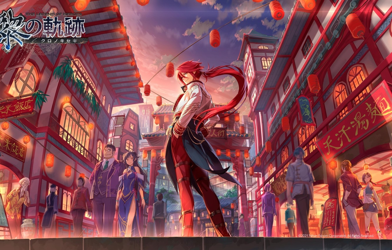 1340x850 Wallpaper lights, signs, characters, red hair, sideways, torii gate, The Legend of Heroes, city street, Aaron Wei, Kuro no Kiseki, Fan Lu, Jack Trevor image for desktop, section игры, Desktop