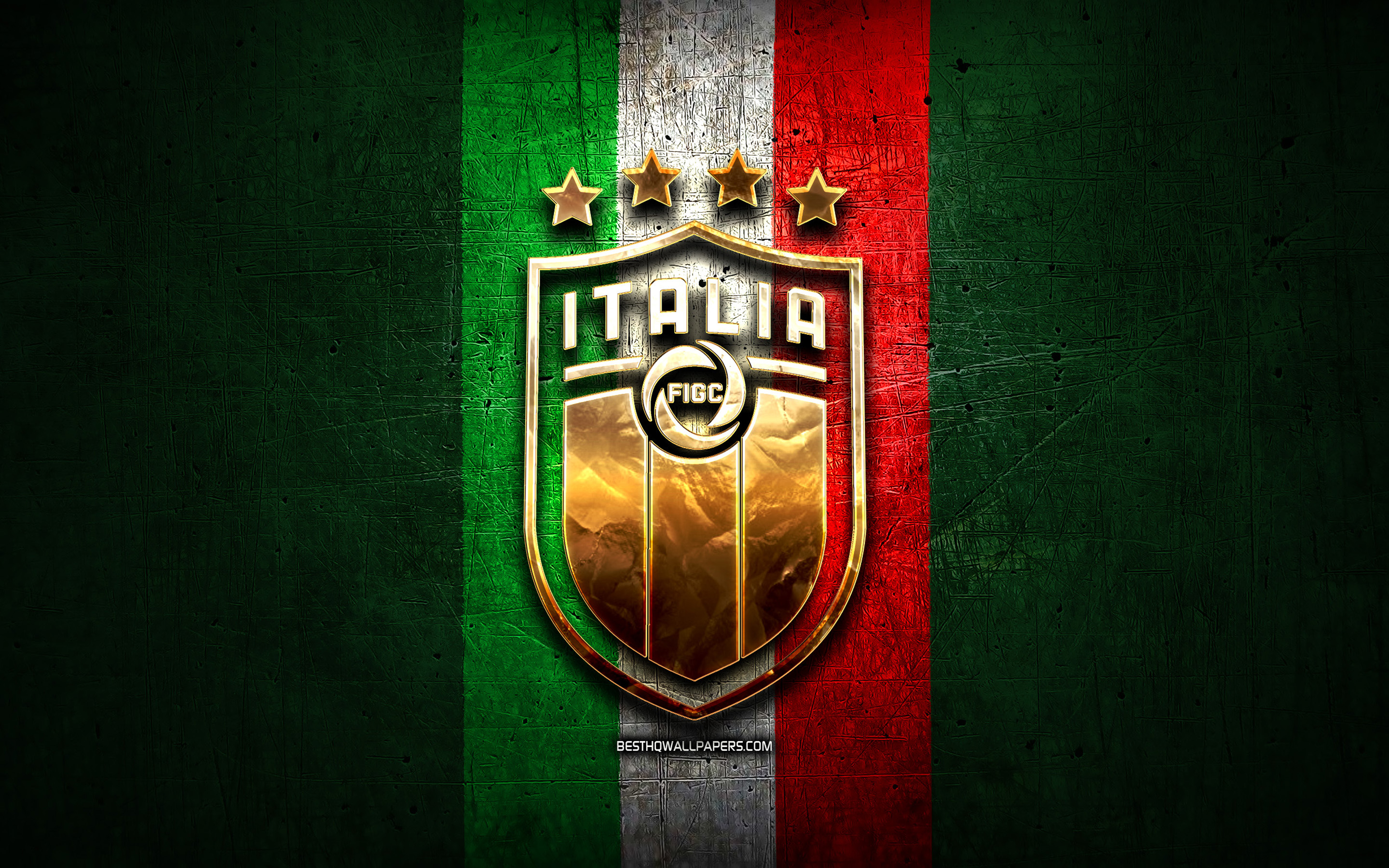 2880x1800 Download wallpaper Italy National Football Team, golden logo, Europe, UEFA, green metal background, Italian football team, soccer, FIGC logo, football, Italy for desktop with resolution. High Quality HD picture wallpaper, Desktop