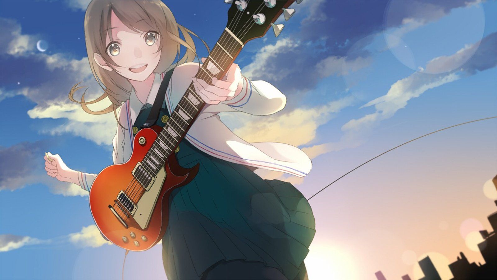 1600x900 Guitar anime girl cute cloud sky moon star city blue sun light music wallpaperx900, Desktop