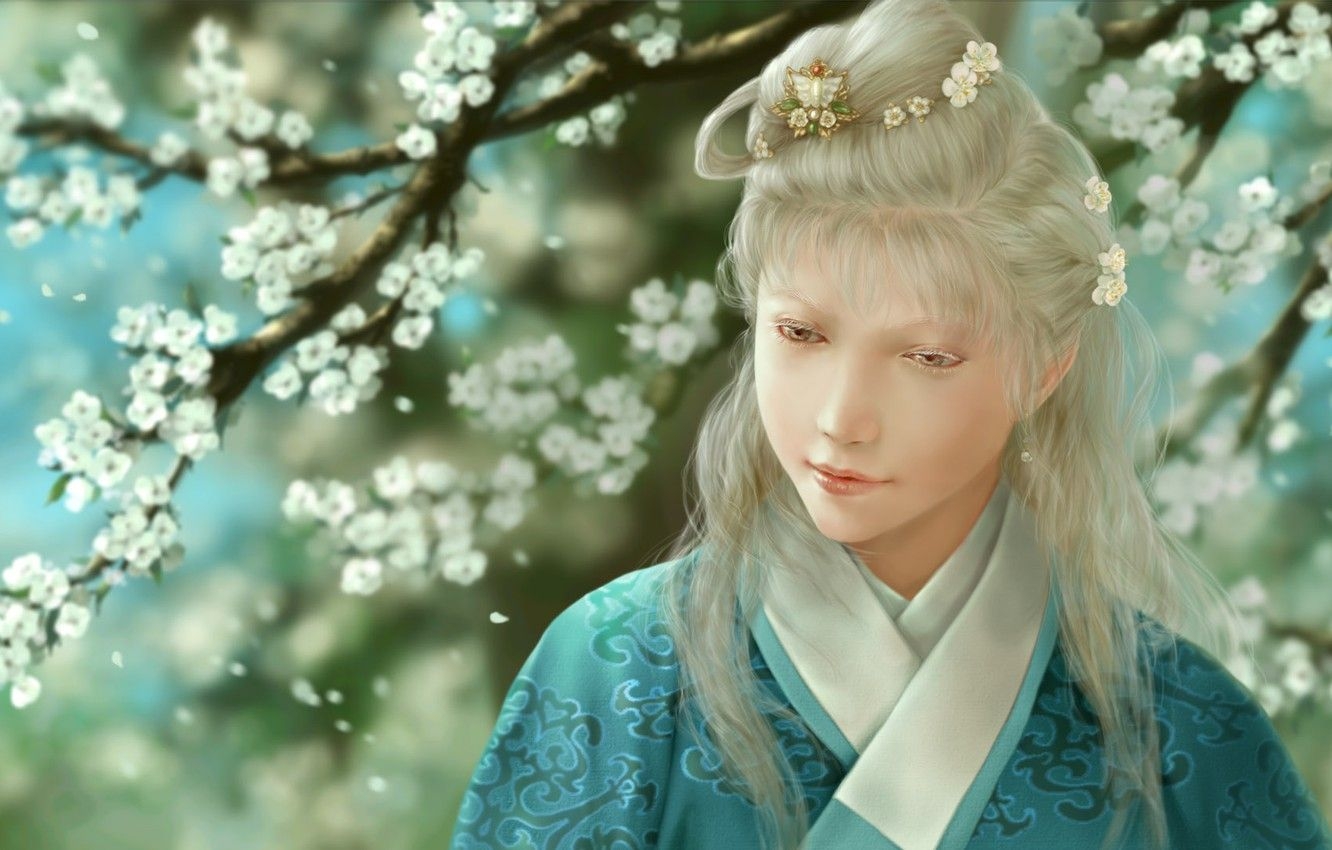 1340x850 Wallpaper girl, flowers, art, kimono, barrette, albino, dtjun, Desktop