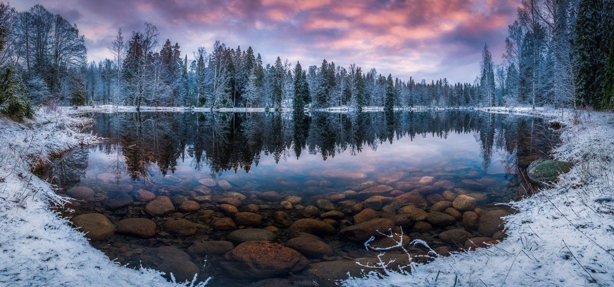 2050x960 nature, Landscape, Winter, Sunrise, Lake, Forest, Snow, Morning, Dual Screen