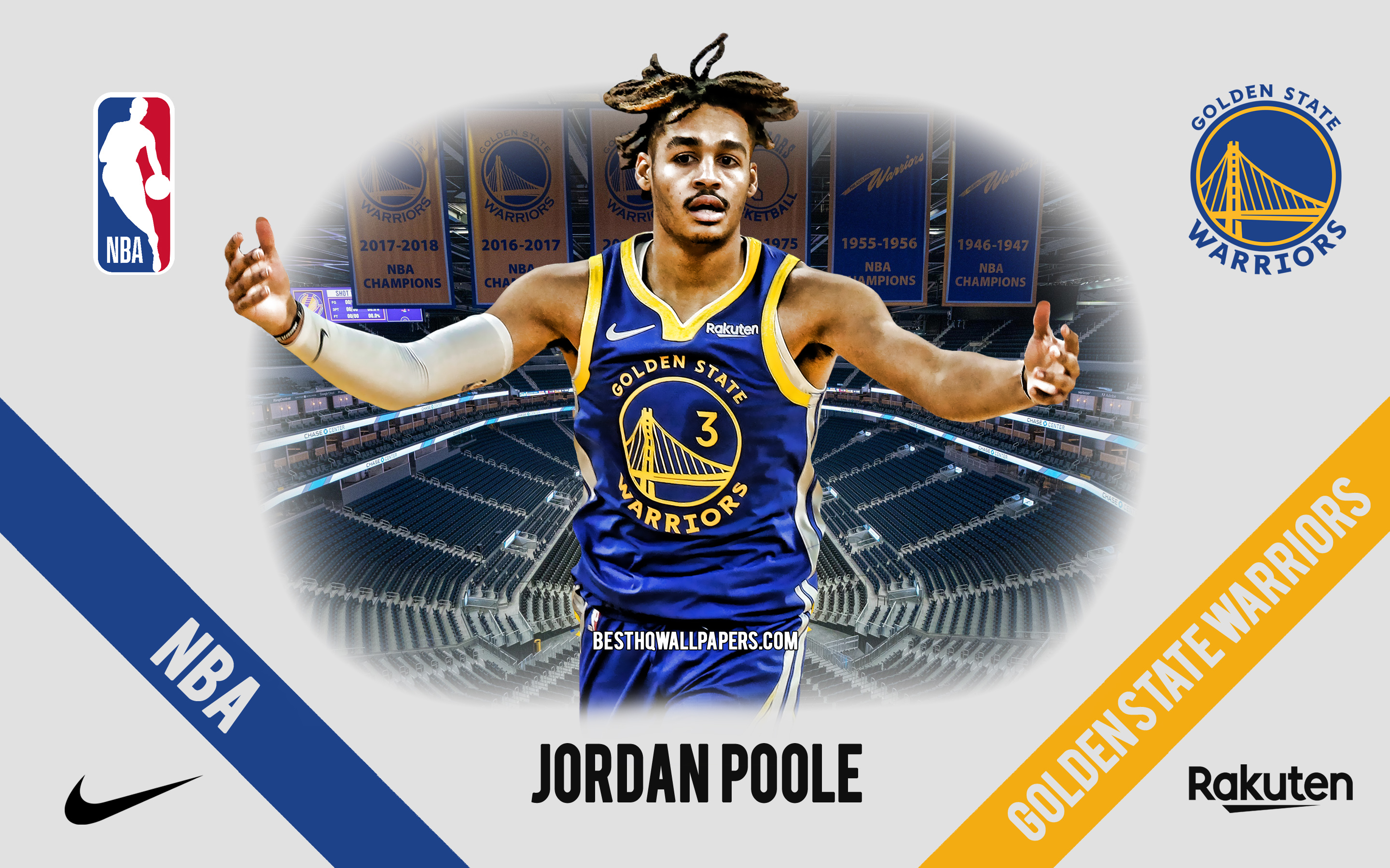 2880x1800 Download wallpaper Jordan Poole, Golden State Warriors, American Basketball Player, NBA, portrait, USA, basketball, Chase Center, Golden State Warriors logo for desktop with resolution. High Quality HD picture wallpaper, Desktop