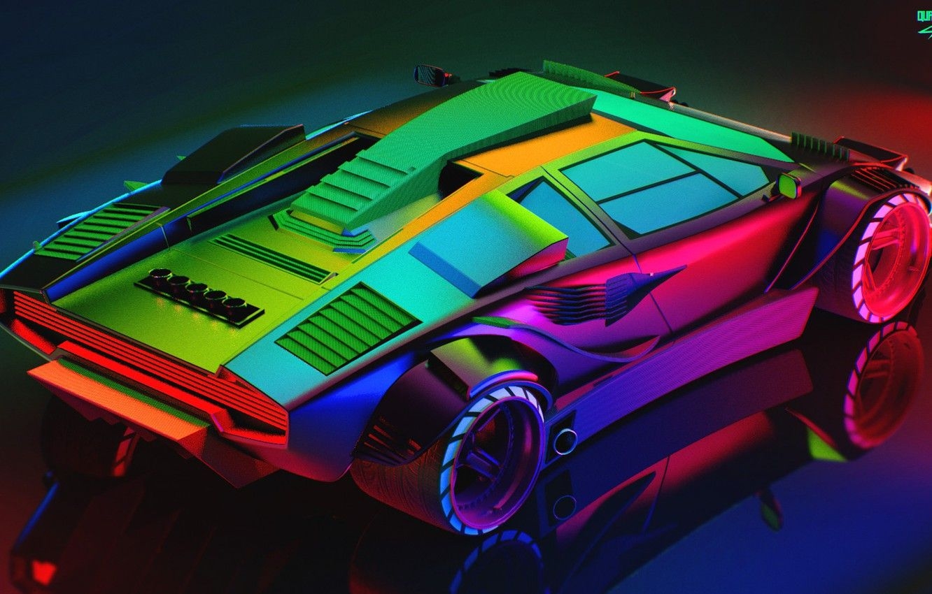 1340x850 Wallpaper Auto, Lamborghini, Neon, Machine, Car, Art, The view from the top, Neon, Countach, Rendering, Concept Art, Lamborghini Countach, Cyberpunk Cyber, Cyberpunk - for desktop, section рендеринг, Desktop