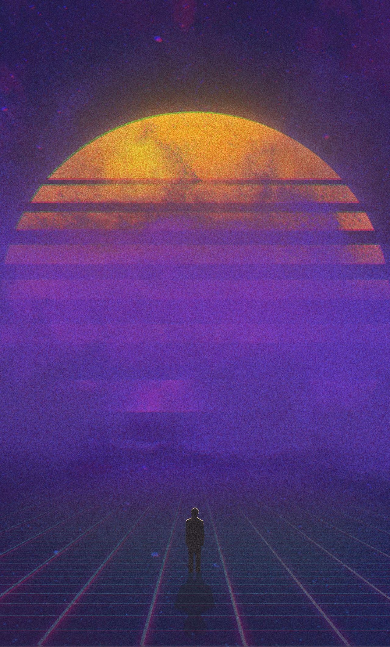 1280x2120 Download Synthwave, moon, lightning, retrowave, art wallpaper, Phone