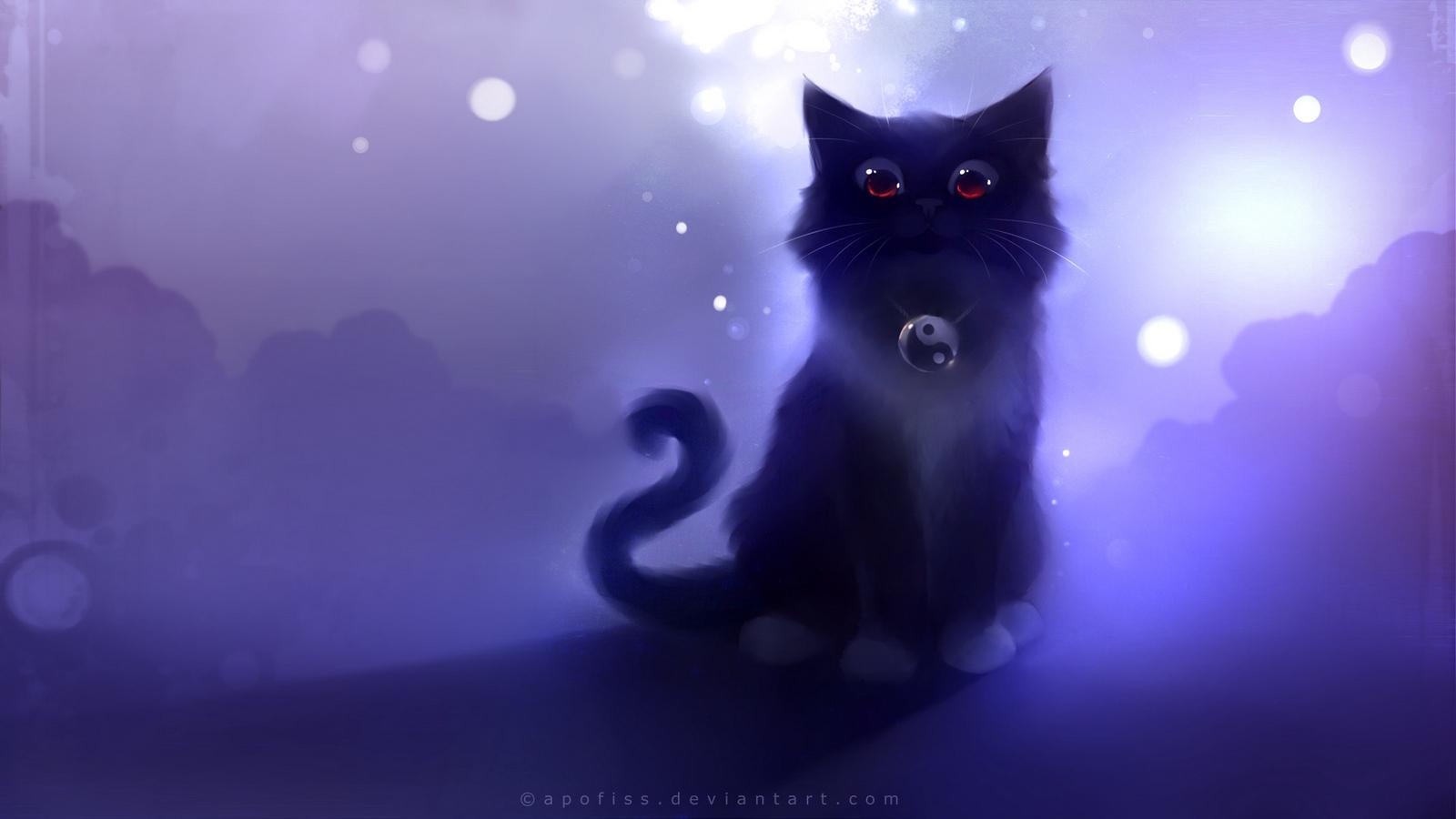 1600x900 Download wallpaper  cat, black, drawing, night, apofiss, Desktop