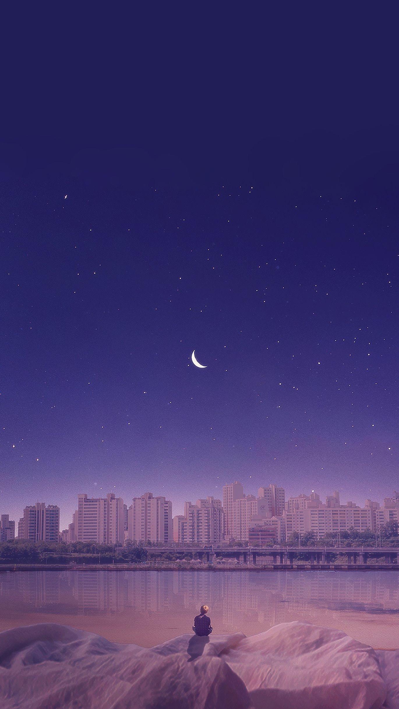 1370x2440 A lonely boy watch the bright moon and night city. Scenery, Phone