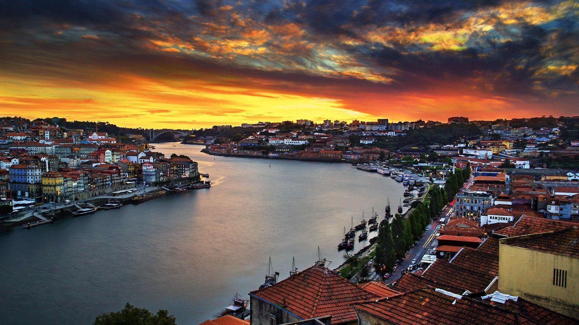 1920x1080 Portugal, Porto, House, River, Sunset, Bridge, Landscape, Boat, Desktop