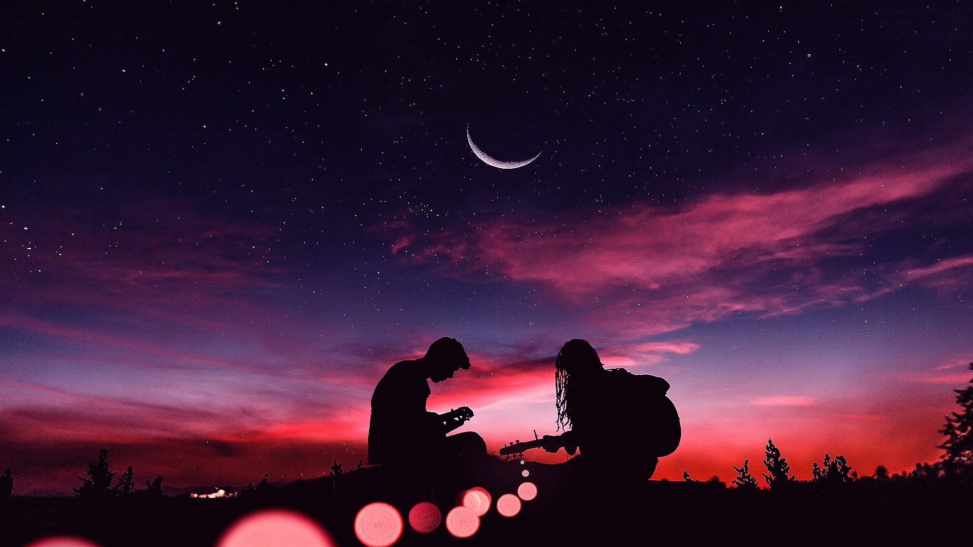 1920x1080 Playing Guitar Under The Crescent Moon HD Wallpaper. Wallpaper, Desktop