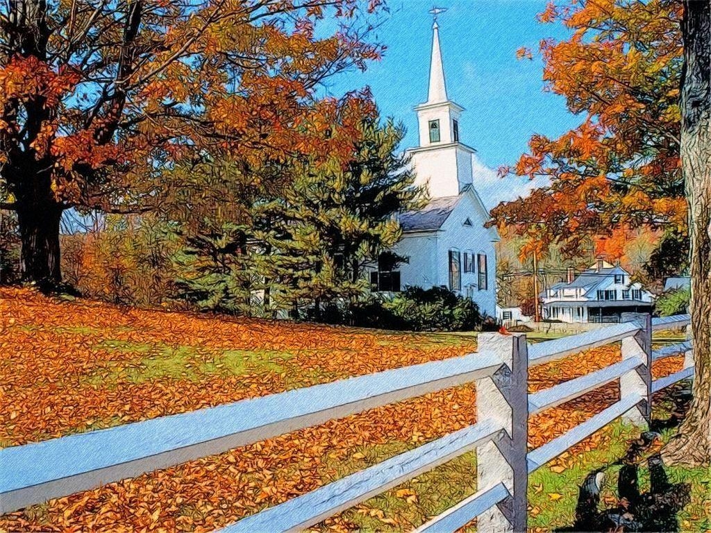 1030x770  Church In Fall Splendor New England By T Douglas Painting, Desktop