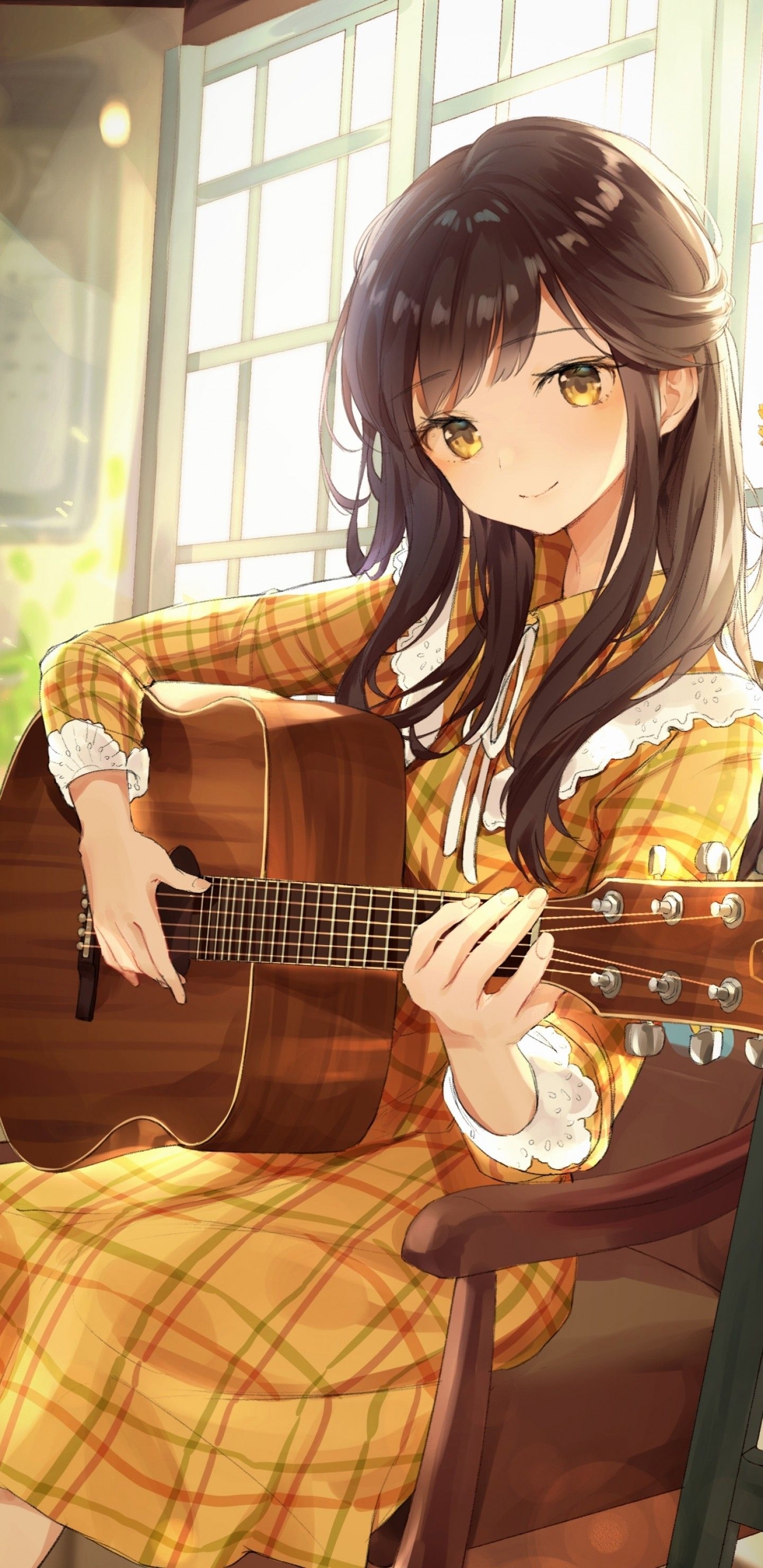 1440x2960 Download  Anime Girl, Playing Guitar, Instrument, Music, Cute, Brown Hair Wallpaper for Samsung Galaxy S Note S S8+, Google Pixel 3 XL, Phone