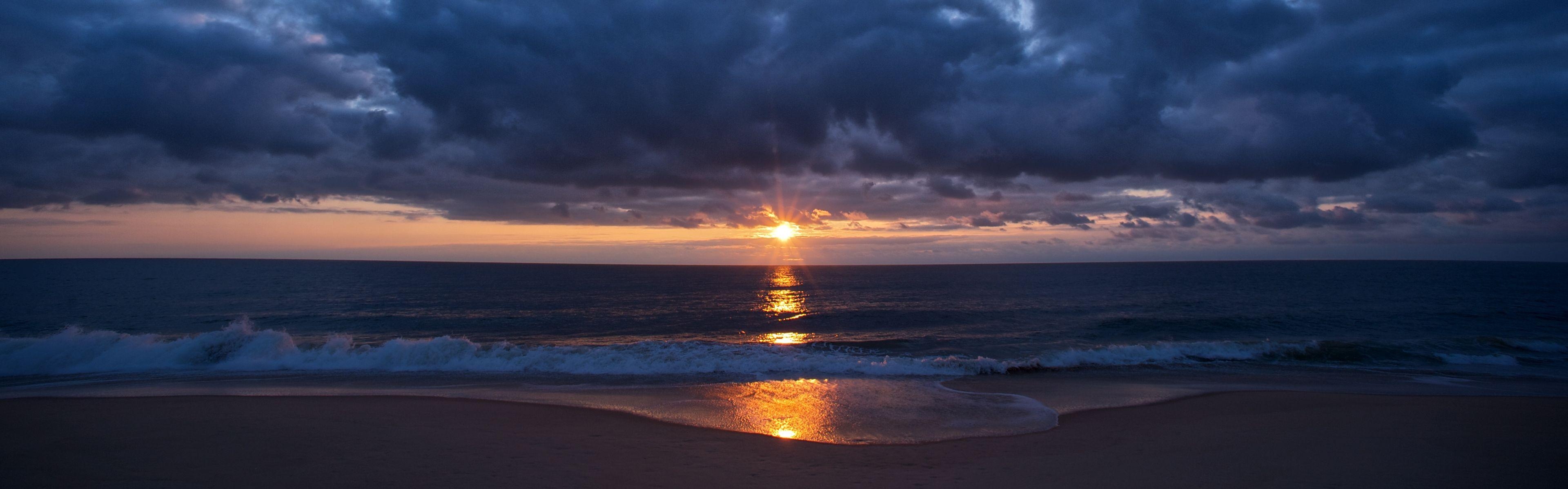 3840x1200 Download Wallpaper beach sunset ocean usa dawn sunrise clouds, Dual Screen