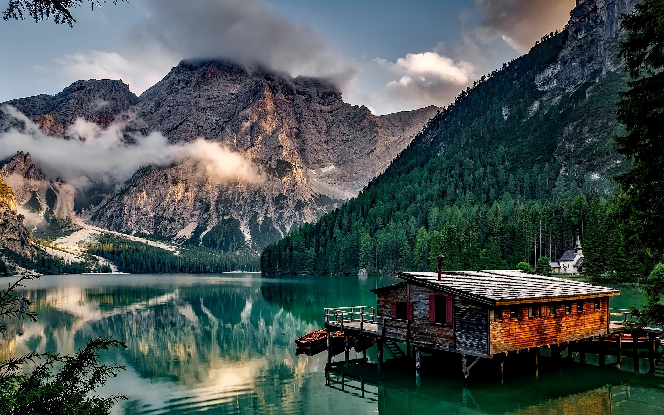 2560x1600 Lake Mountains Nature Cottage 4K Wallpaper, Desktop