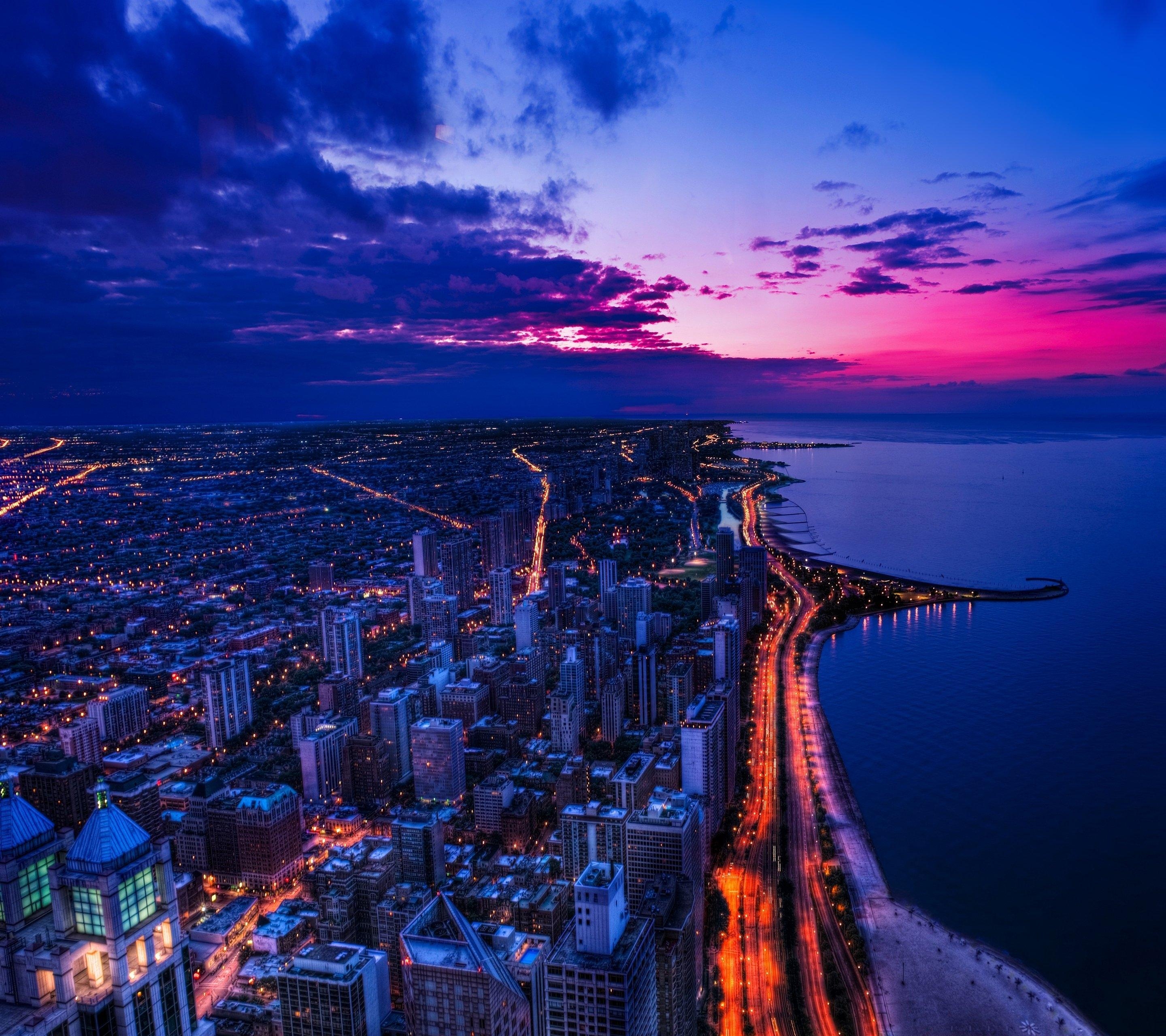 2880x2560 Download  Usa, Chicago, Sunset, Cityscape, Road, Lights, Desktop