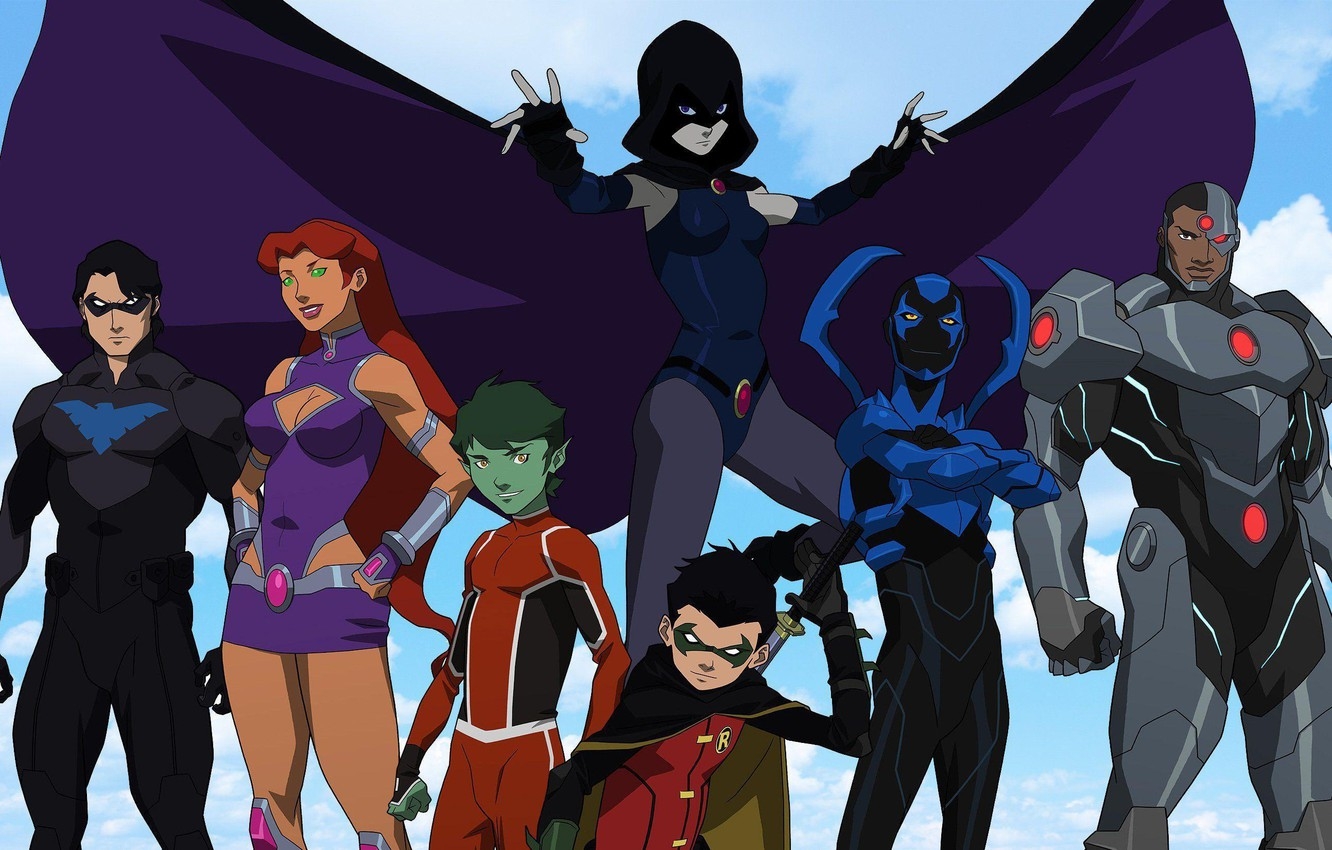 1340x850 Wallpaper team, heroes, team, Robin, Cyborg, Cyborg, Robin, Nightwing, Raven, Nightwing, Blue Beetle, Beast Boy, Starfire, Raven, Starfier, Blue Beetle image for desktop, section фантастика, Desktop