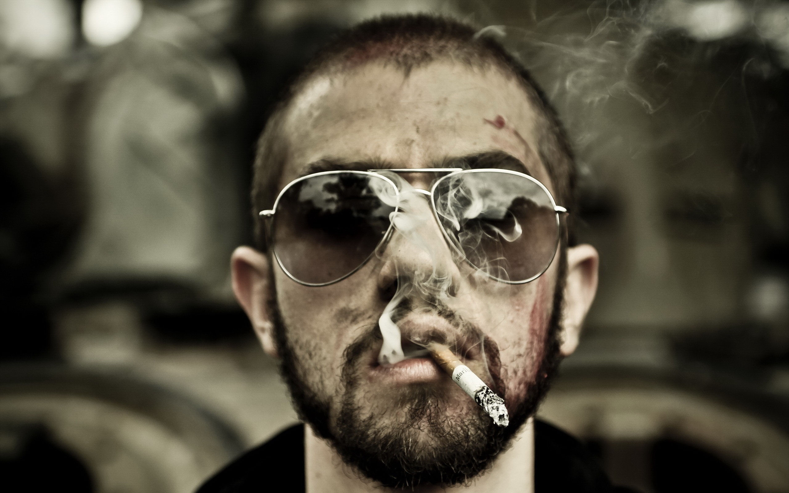 2560x1600 Free photo guy, cigarette, smoke, smoking glasses, aviators, beard, Desktop