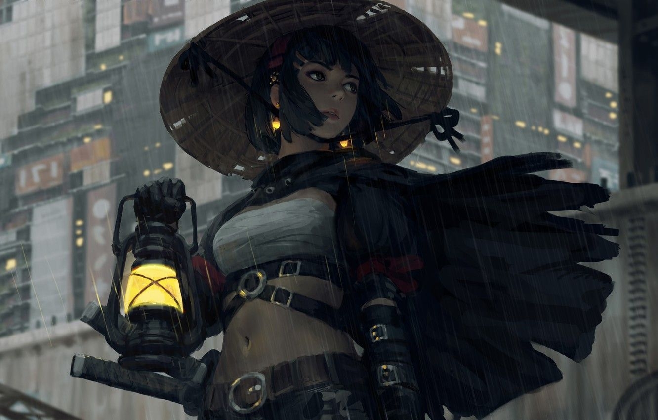 1340x850 Wallpaper girl, sword, fantasy, rain, hat, katana, samurai, digital art, artwork, warrior, building, fantasy art, lantern, gloves, bandage, earrings image for desktop, section фантастика, Desktop