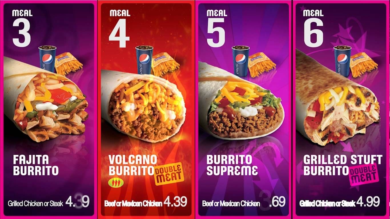 1370x770 Taco Bell: full Movement on Digital Menu board Sample Video. Food menu design, Digital menu, Fast food menu, Desktop