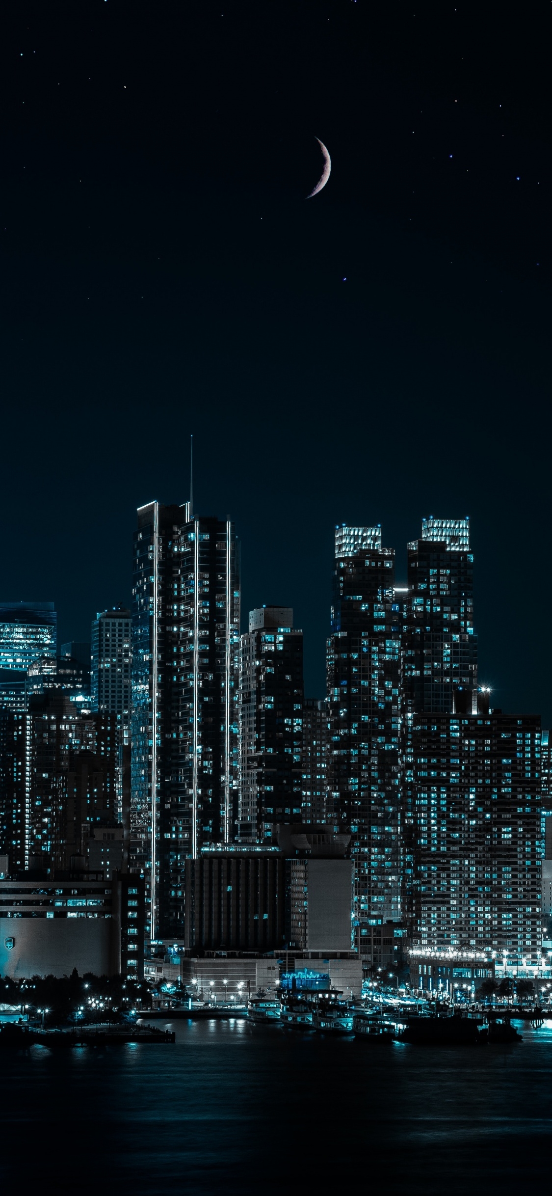 1130x2440 New York City Wallpaper 4K, Cityscape, Night, City lights, Half moon, 5K, World, Phone