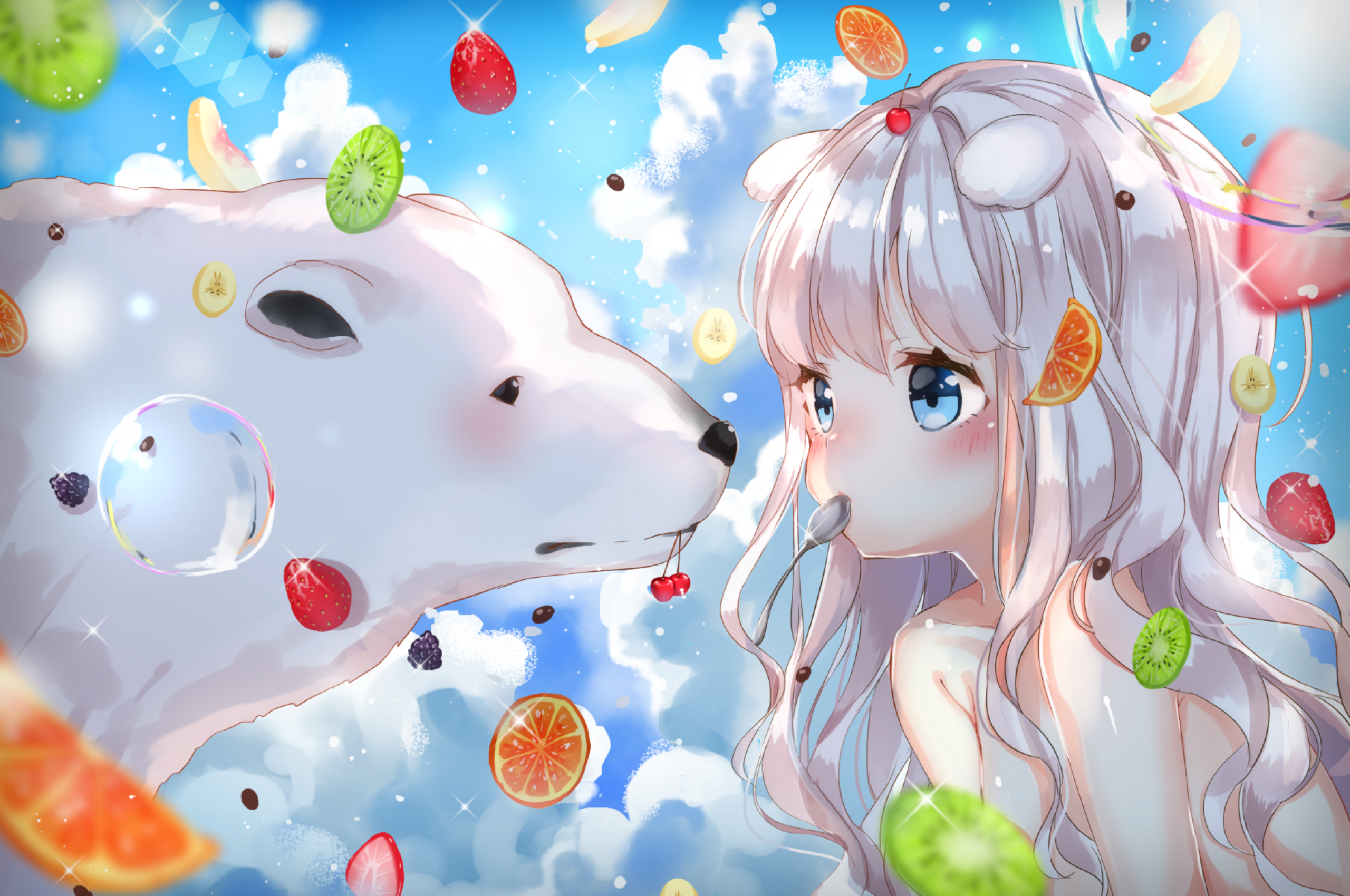 2560x1700 Download  Anime Girl, Loli, Fruits, Eating, White Hair Wallpaper for Chromebook Pixel, Desktop