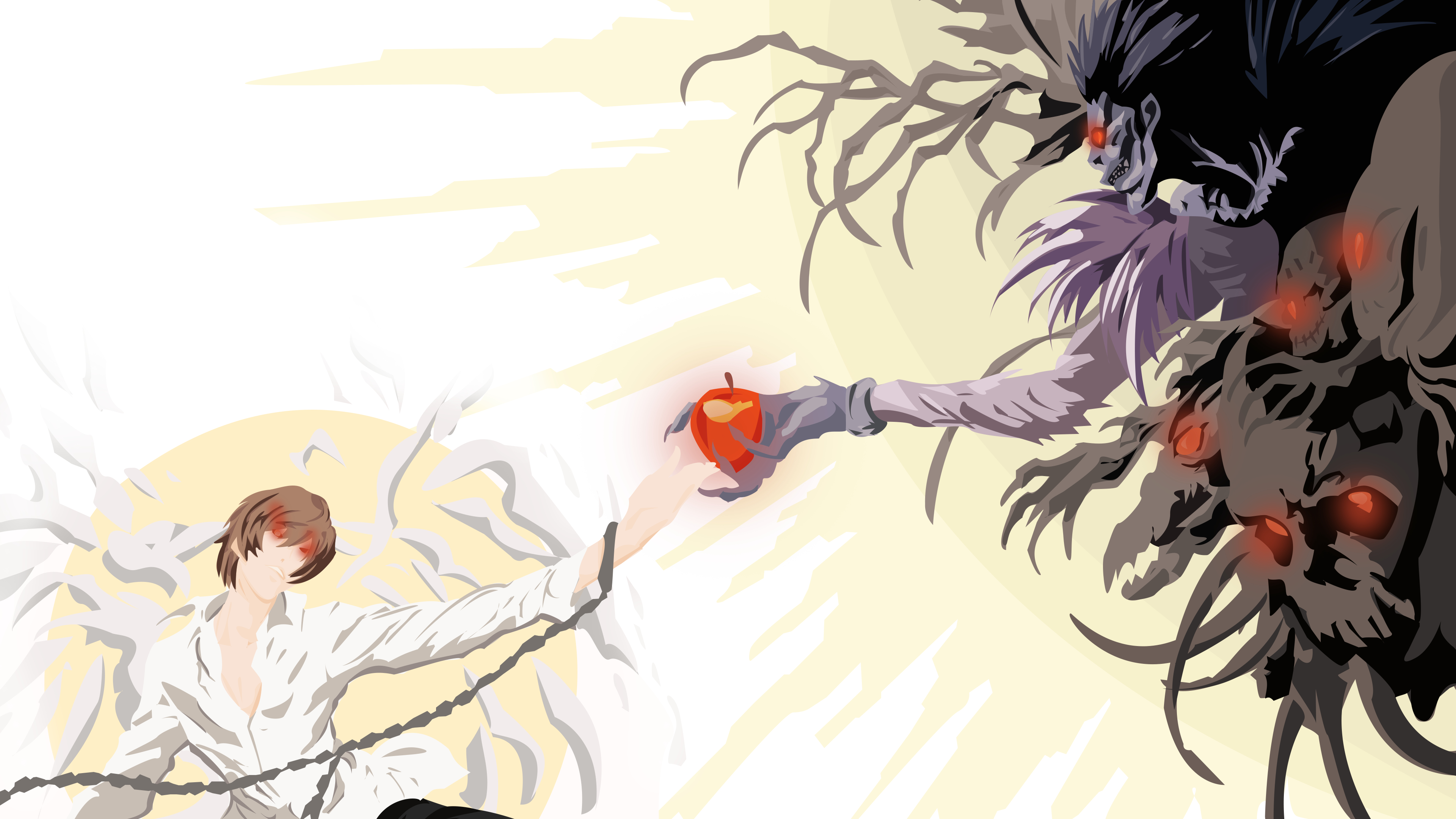 3840x2160 Chain, Boy, Shinigami, Red Eyes, Anime, Black Hair, Apple, Ryuk (Death Note), Light Yagami, Glowing Eyes, Death Note, Brown Hair, Kira (Death Note), Smile wallpaper, Desktop