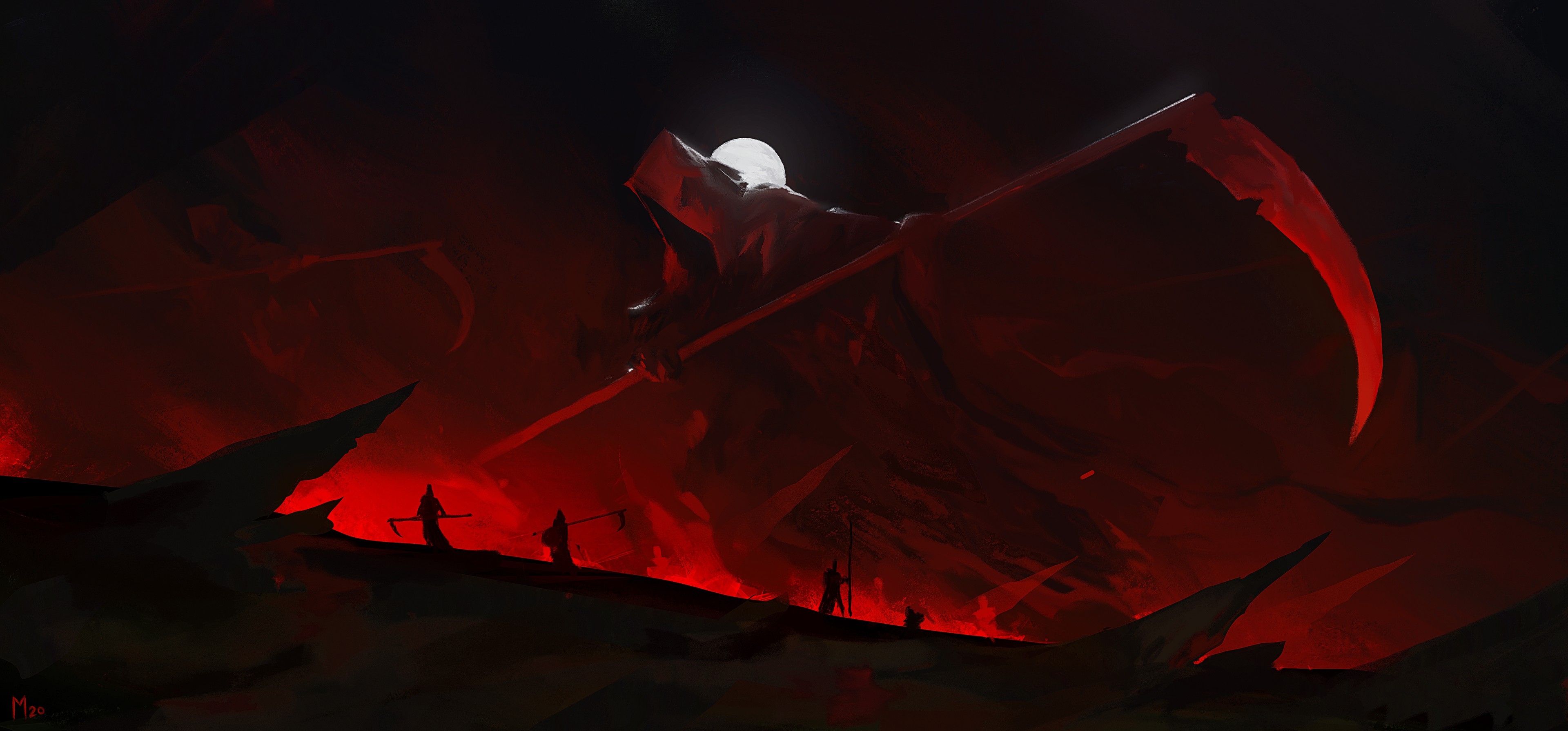 3840x1800 Scythe Reaper Digital Art Artwork Dark Red Grim Reaper Wallpaper:, Dual Screen