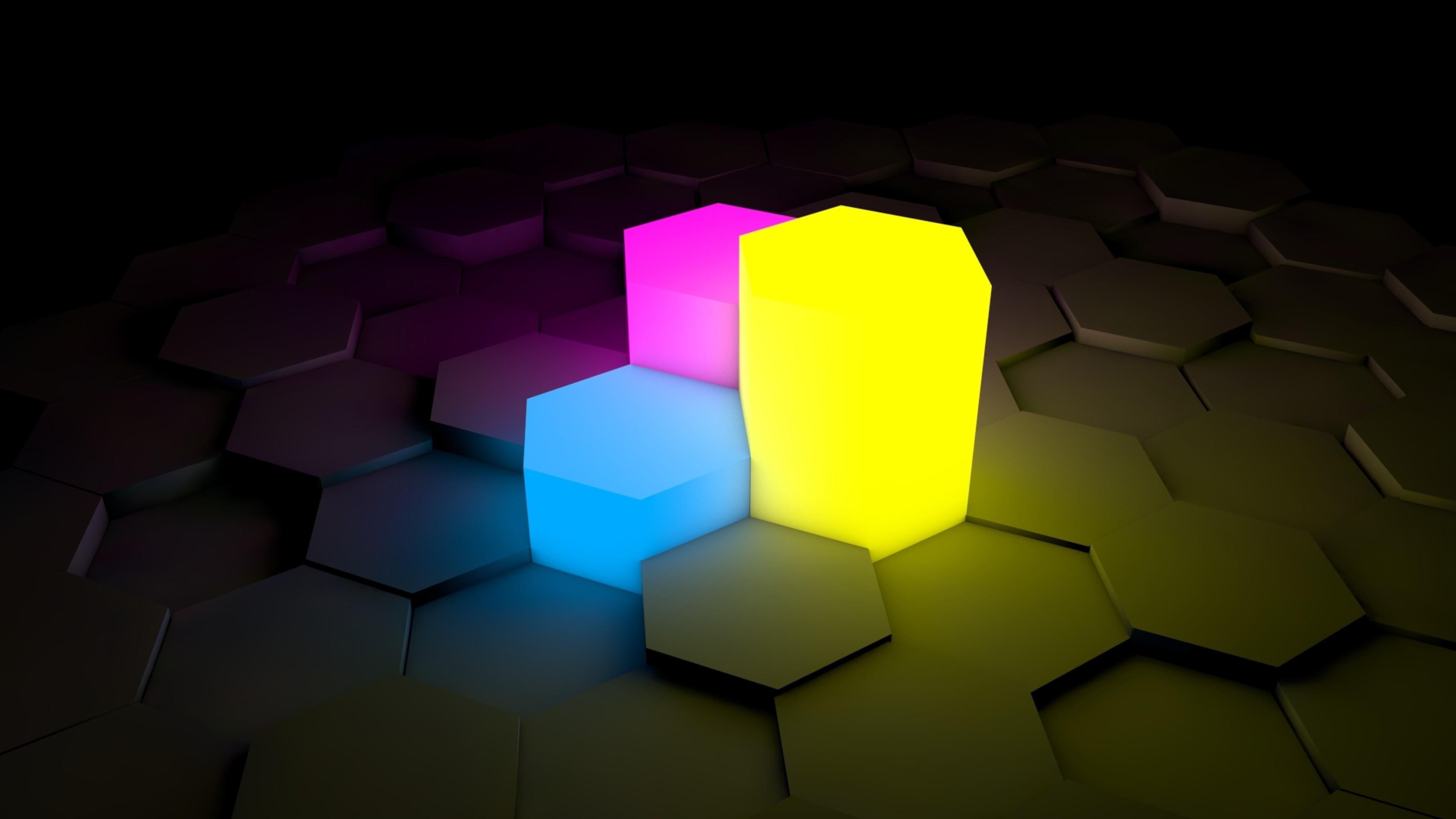 3840x2160 3D #blocks #blue #pink #yellow #dark #abstract #hexagon #shining, Desktop