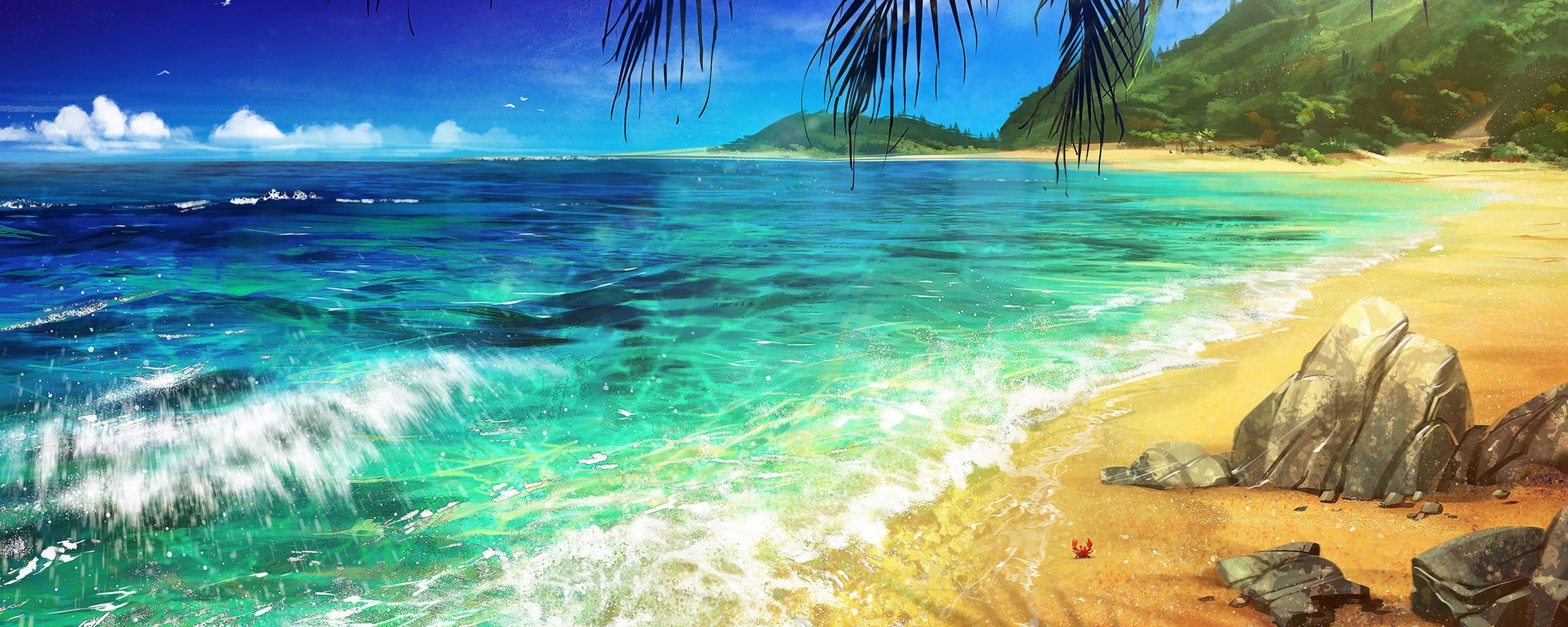 2560x1030 Download wallpaper  beach, palm, ocean, art, surf ultrawide monitor HD background, Dual Screen