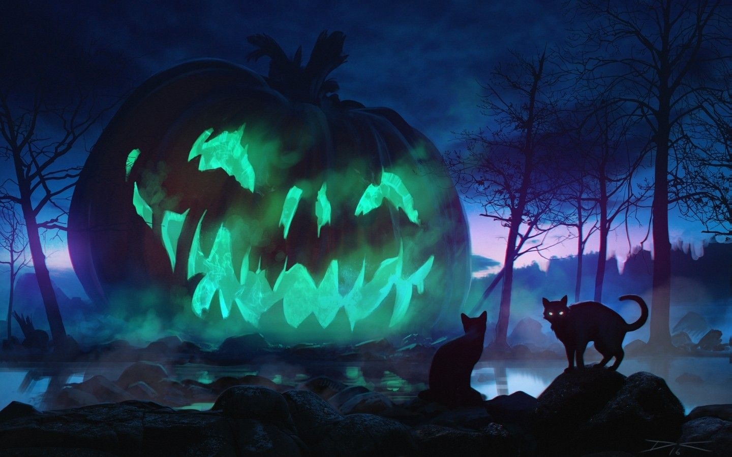 1440x900 Download  Halloween, Giant Pumpkin, Scary, Cats, Dark Theme, Forest, Fog, Stones Wallpaper for MacBook Pro 15 inch, MacBook Air 13 inch, Desktop