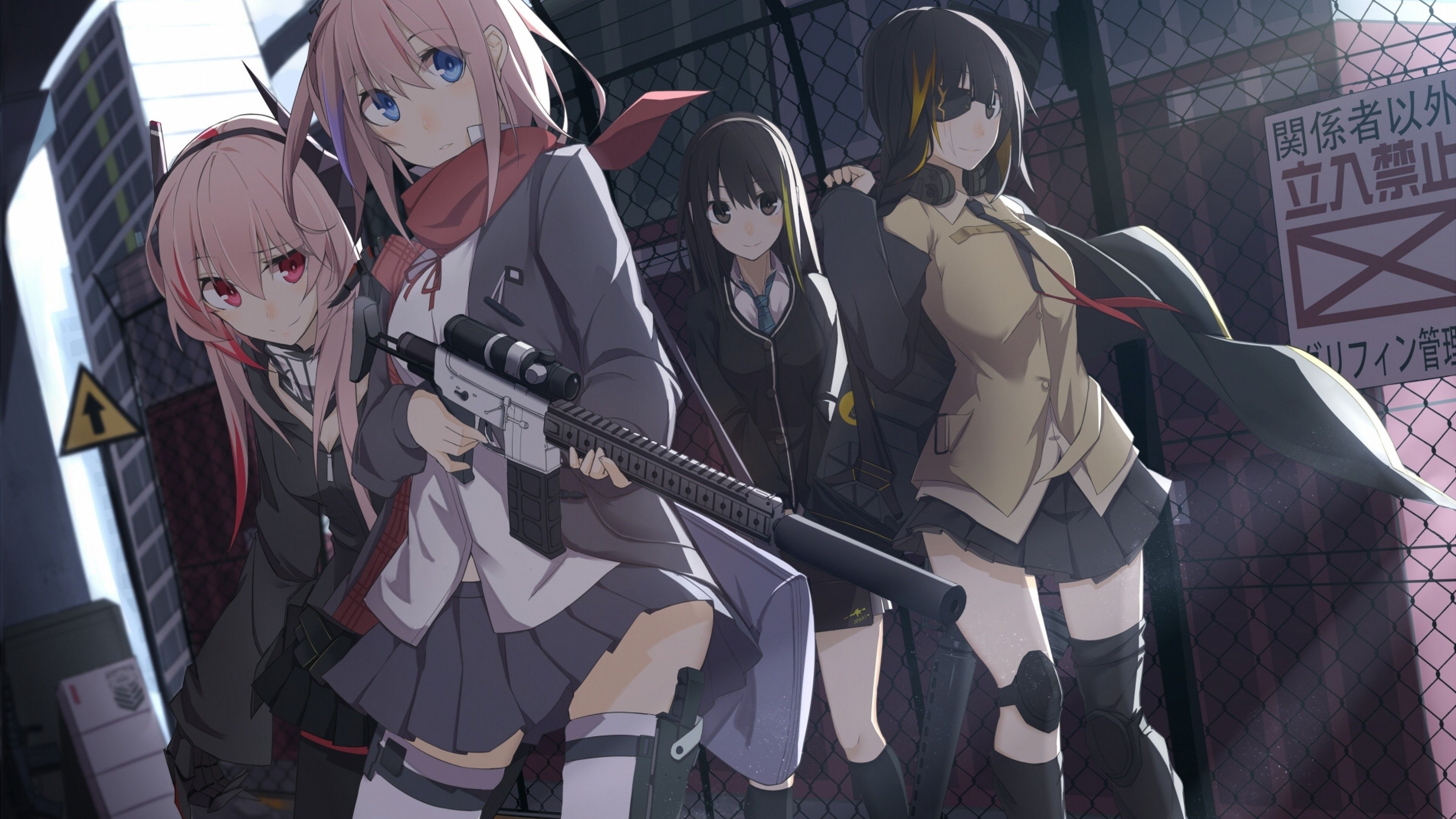 3840x2160 Download  Anime Girls, Group, Guns, Eyepatch, Pink Hair, Desktop