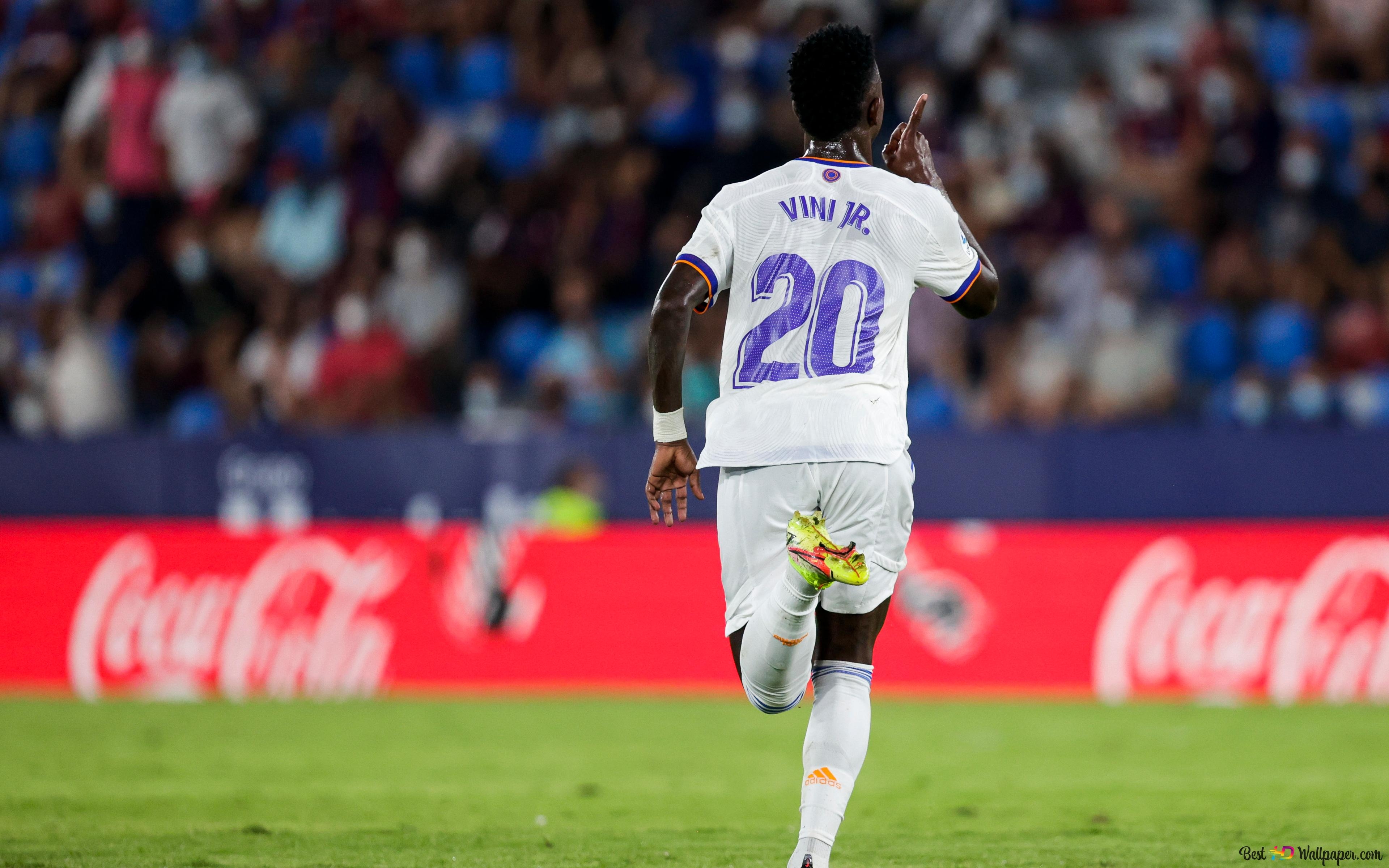 3840x2400 Vinicius Jr. He is running towards the crowd in the stadium in his number twenty 4K wallpaper download, Desktop