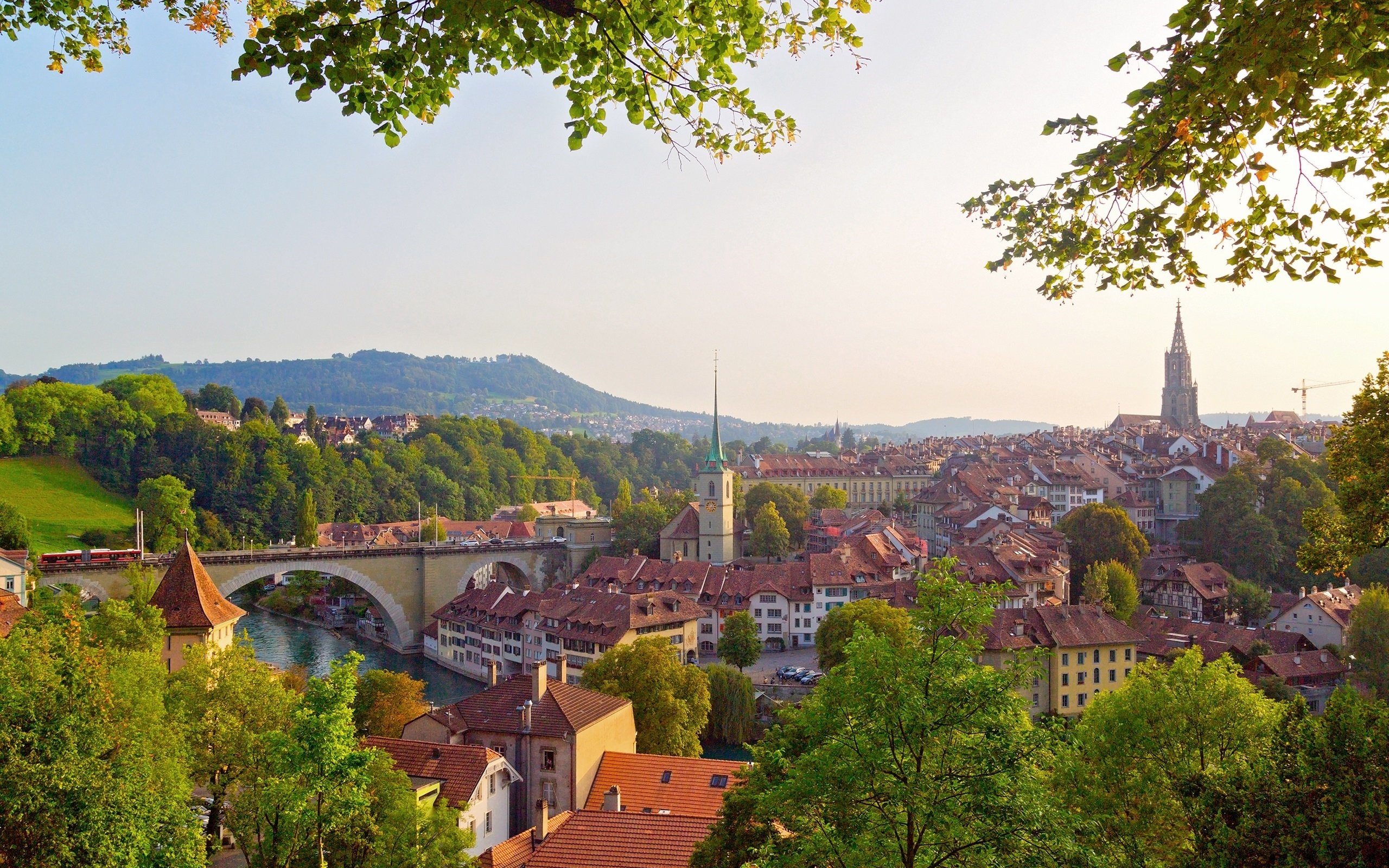 2560x1600 Wallpaper Bern, Switzerland, city, river, bridge, trees, houses, Desktop