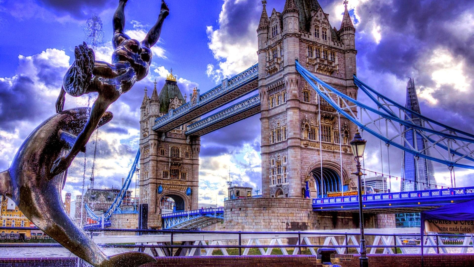 1920x1080 Girl With A Dolphin Fountain & Tower Bridge, London Wallpaper, Desktop