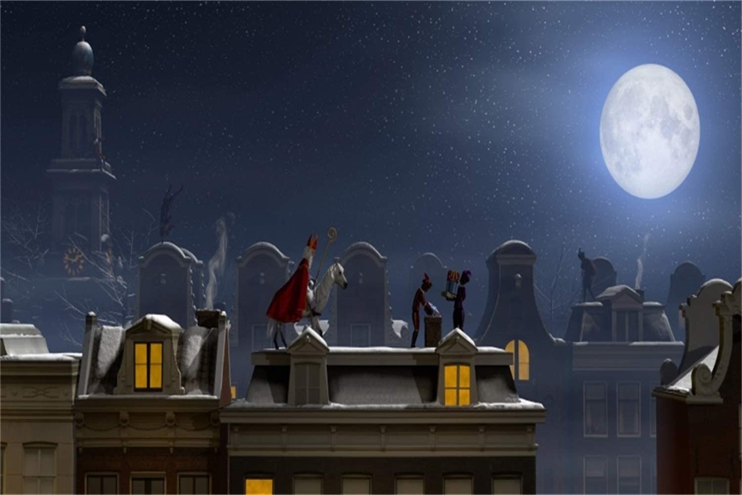 1500x1000 Amazon.com, Laeacco 7x5ft Sinterklaas Nightscape Under Full Moon Backdrop Vinyl Saint Nicholas And His Servant Sending Gifts On The Roof Chimneys Holland Traditional Festival Celebration Deco Background Wallpaper, Desktop