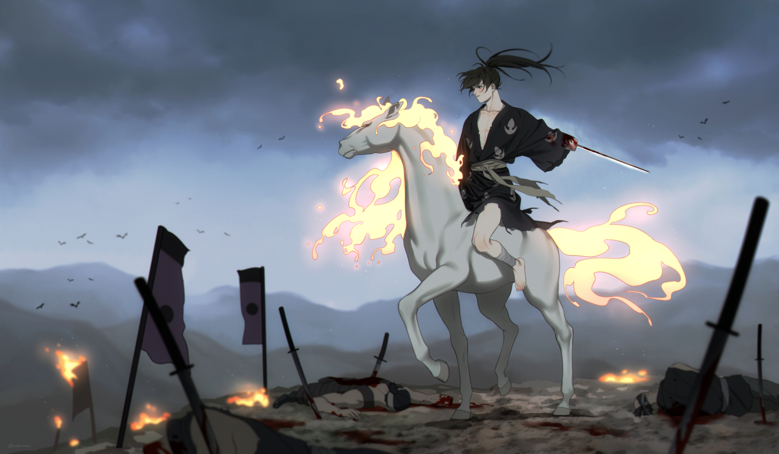 2490x1460 Download  Dororo, Hyakkimaru, Horse, Flames, Yukata, Katana Wallpaper, Desktop