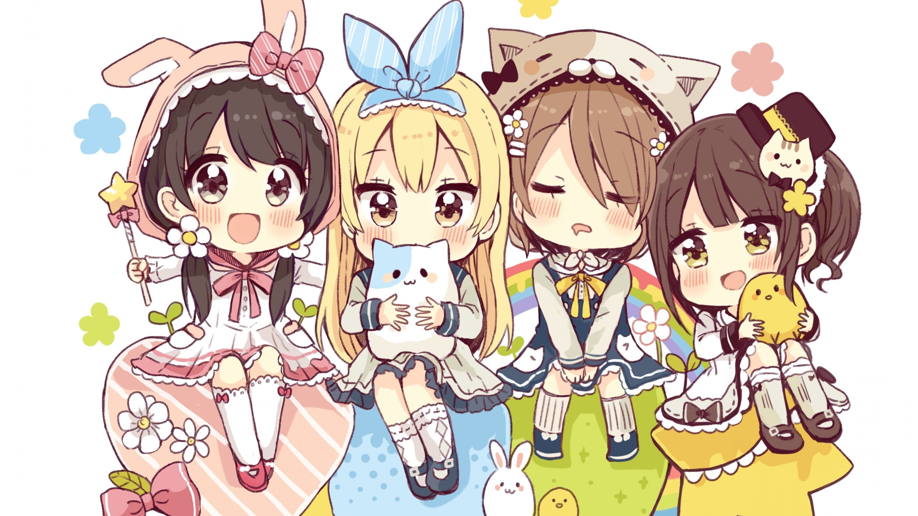 3840x2160 Download  Anime Girls, Chibi, Cute, Friends Wallpaper, Desktop