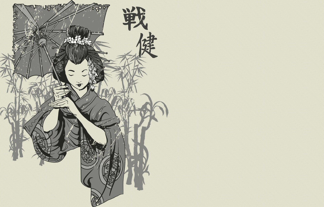 1340x850 Wallpaper Japanese, figure, umbrella, characters, black and white image for desktop, section стиль, Desktop