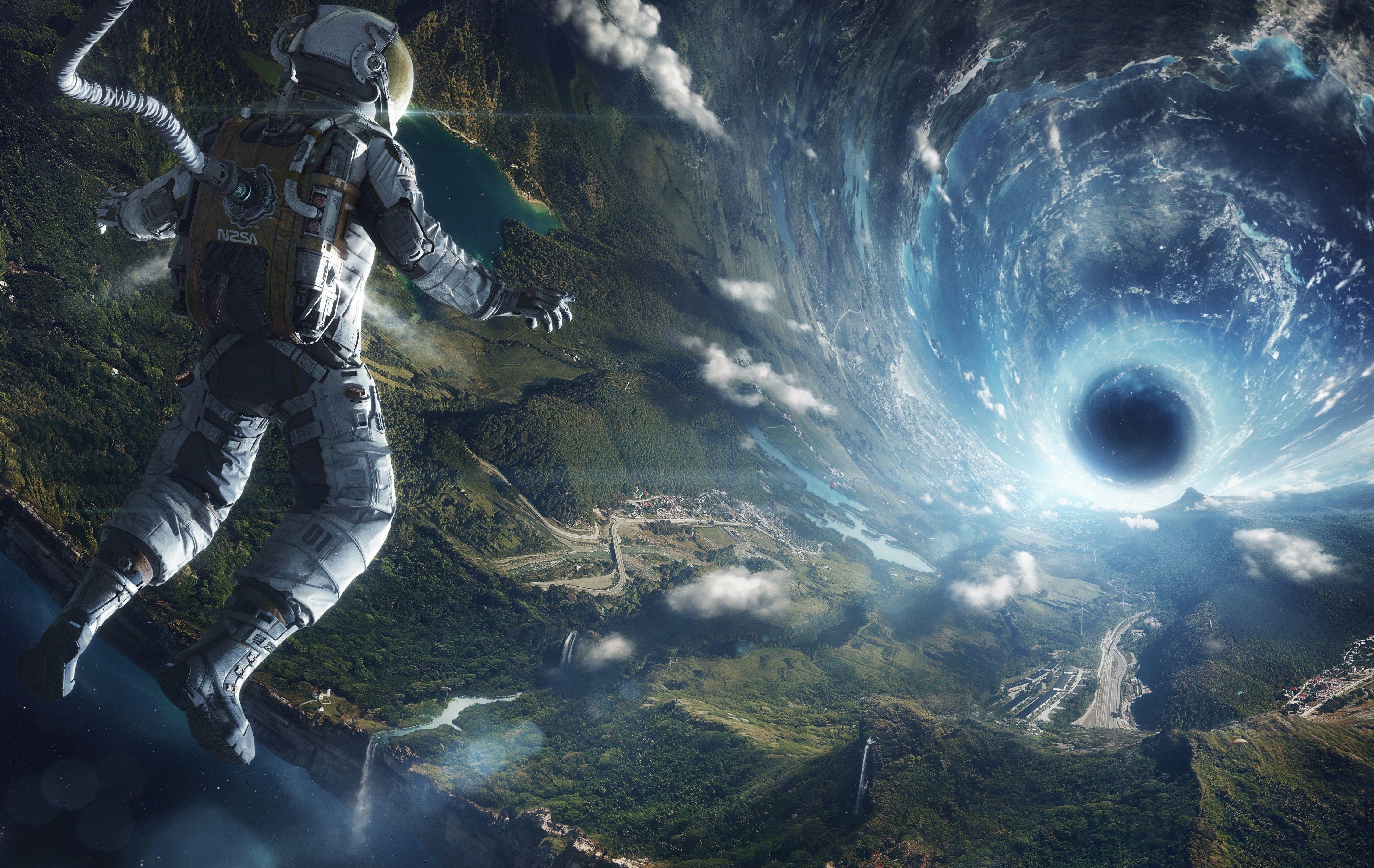 4510x2850 Download  Astronaut, Teleport, Vortex, Sci Fi, Waterfall, Desktop