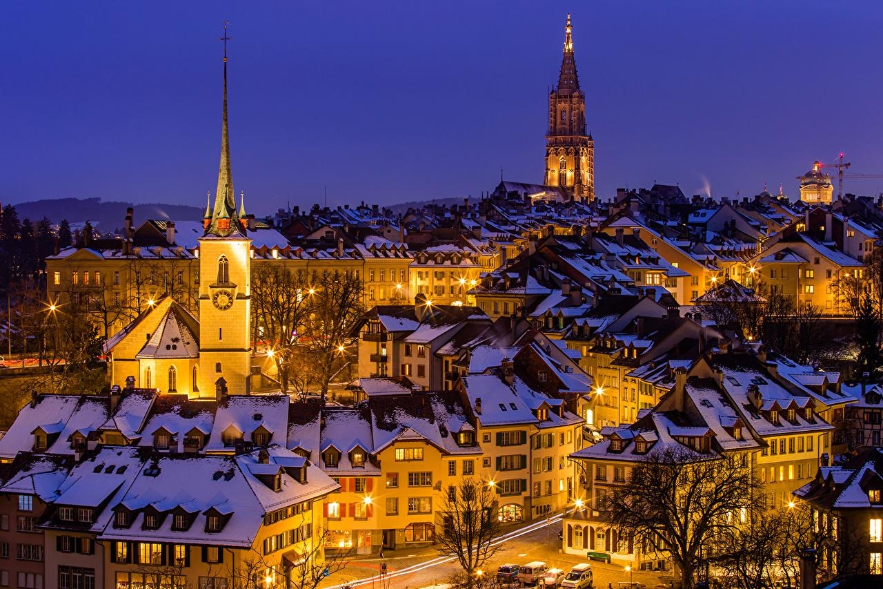 1280x860 image Bern Switzerland Winter Night Street lights Cities Houses, Desktop