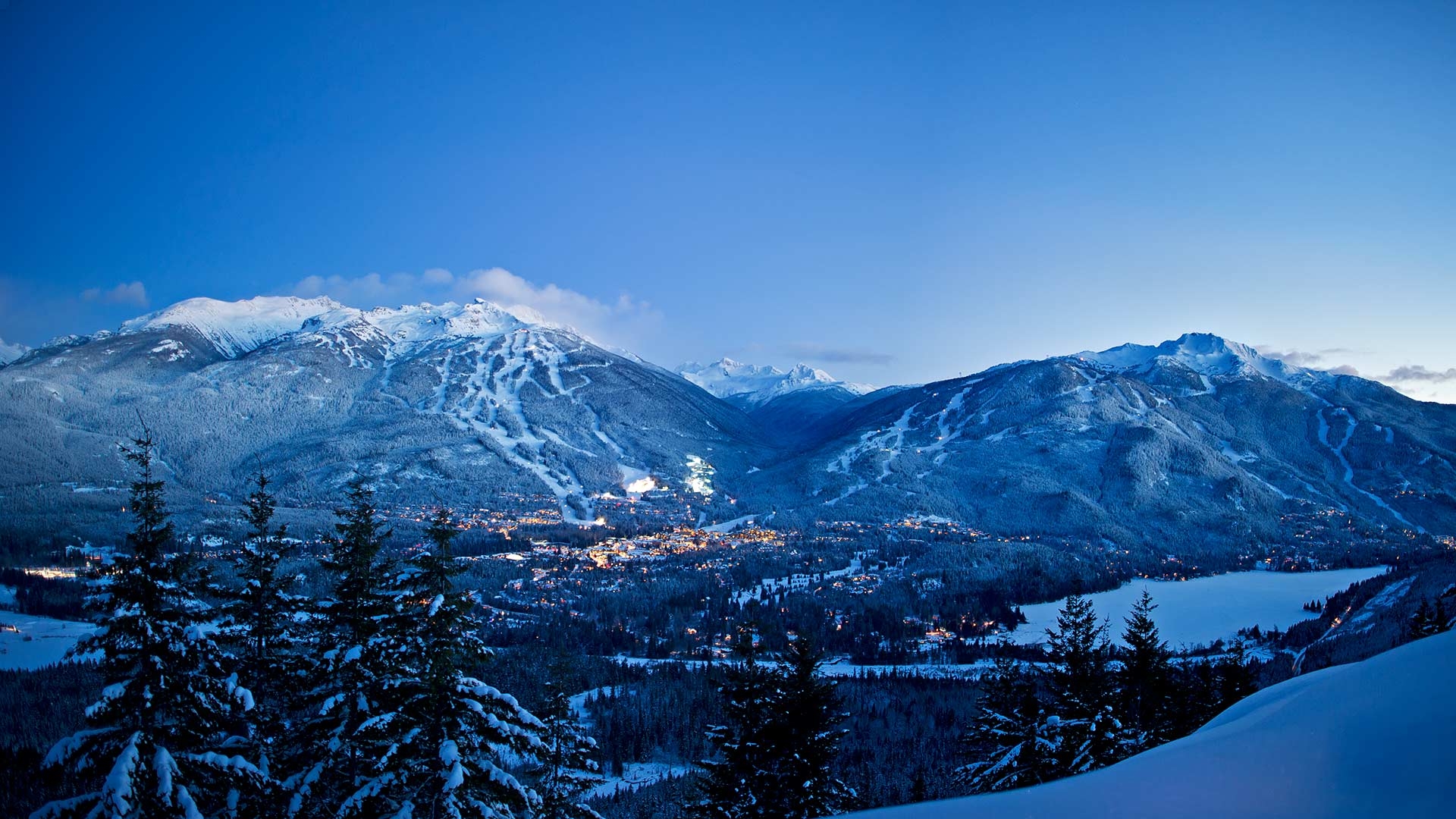 1920x1080 Winter Dual Mountain Evening Lights Snowy Trees Village, Desktop