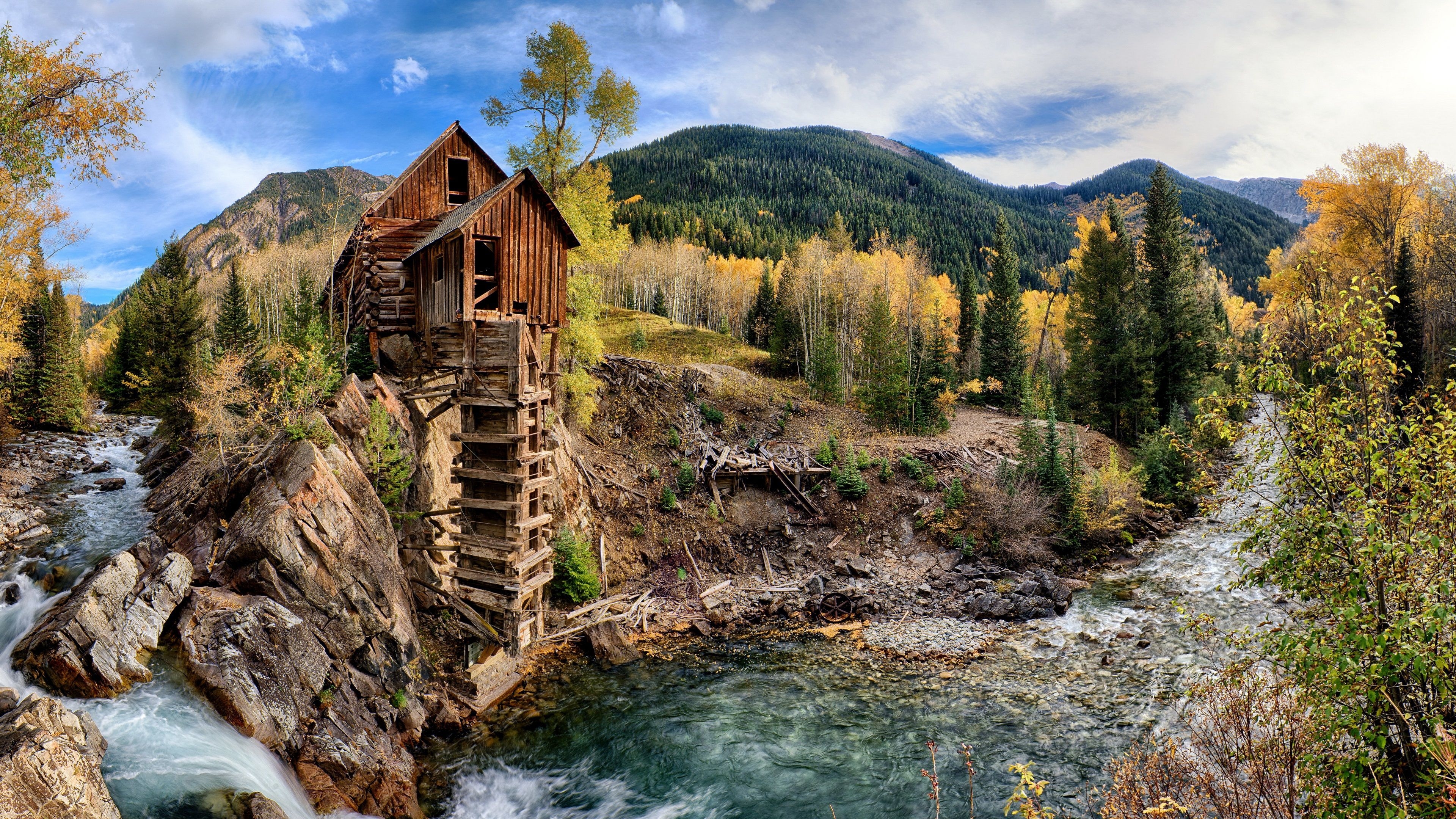 3840x2160 Wallpaper Crystal Mill, waterfall, stream, mountains, trees, Colorado, USA  UHD 4K Picture, Image, Desktop