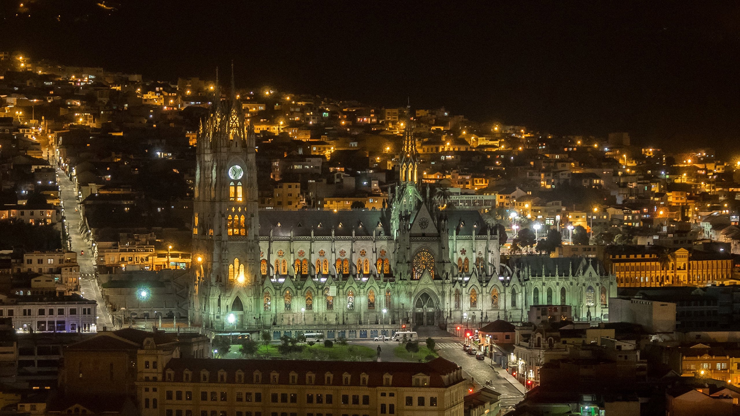 2560x1440 Photo Cathedral Quito Ecuador Roads Night Cities Houses, Desktop