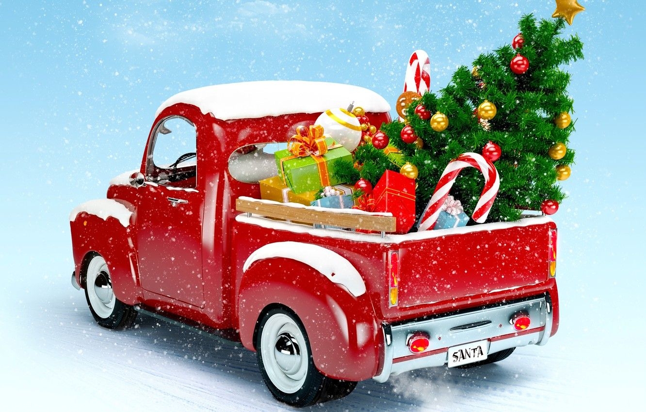 1340x850 Winter Red Truck Wallpaper, Desktop