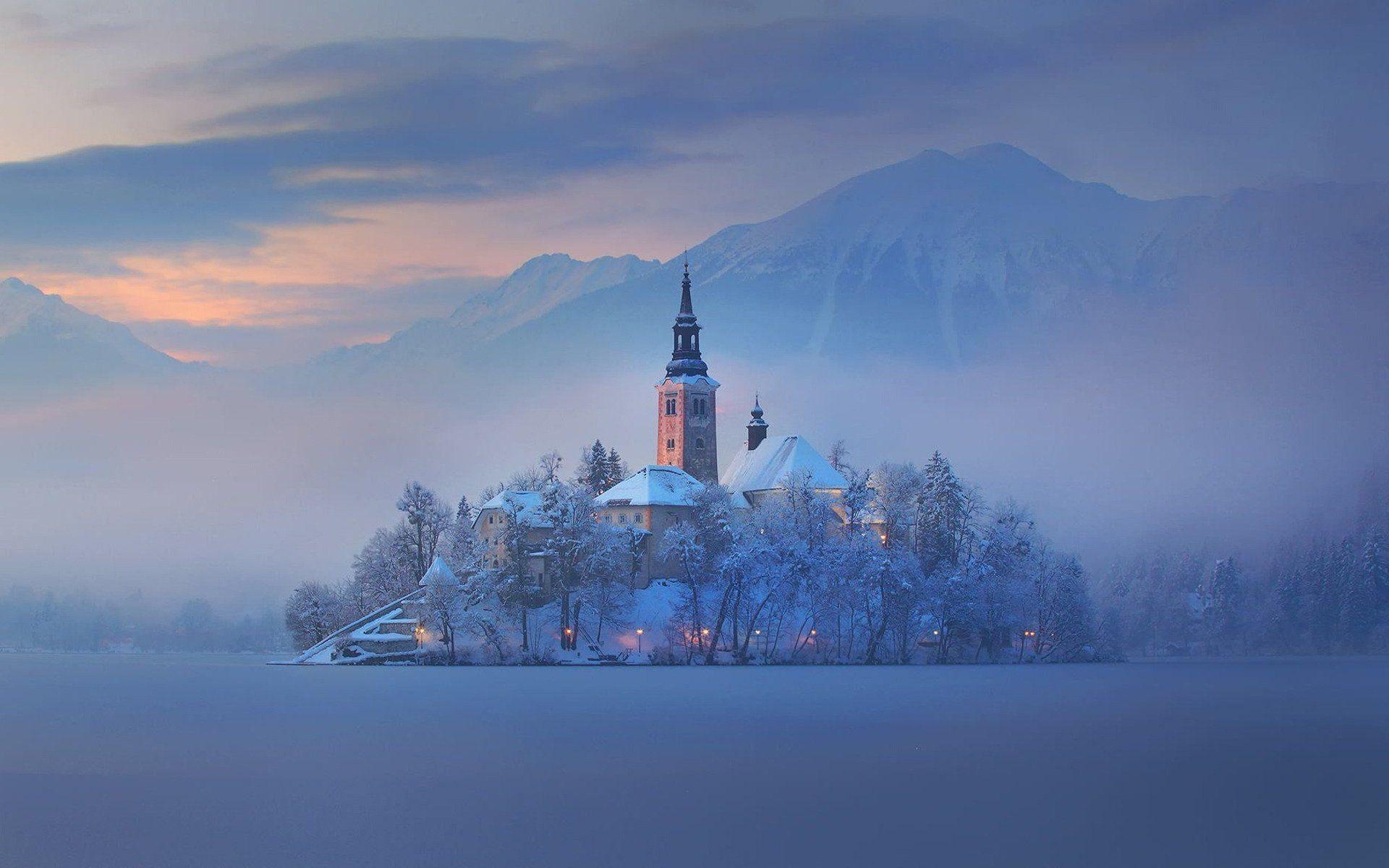 1920x1200 Church Of The Assumption At Winter Lake Bled Slovenia Wallpaper, Desktop