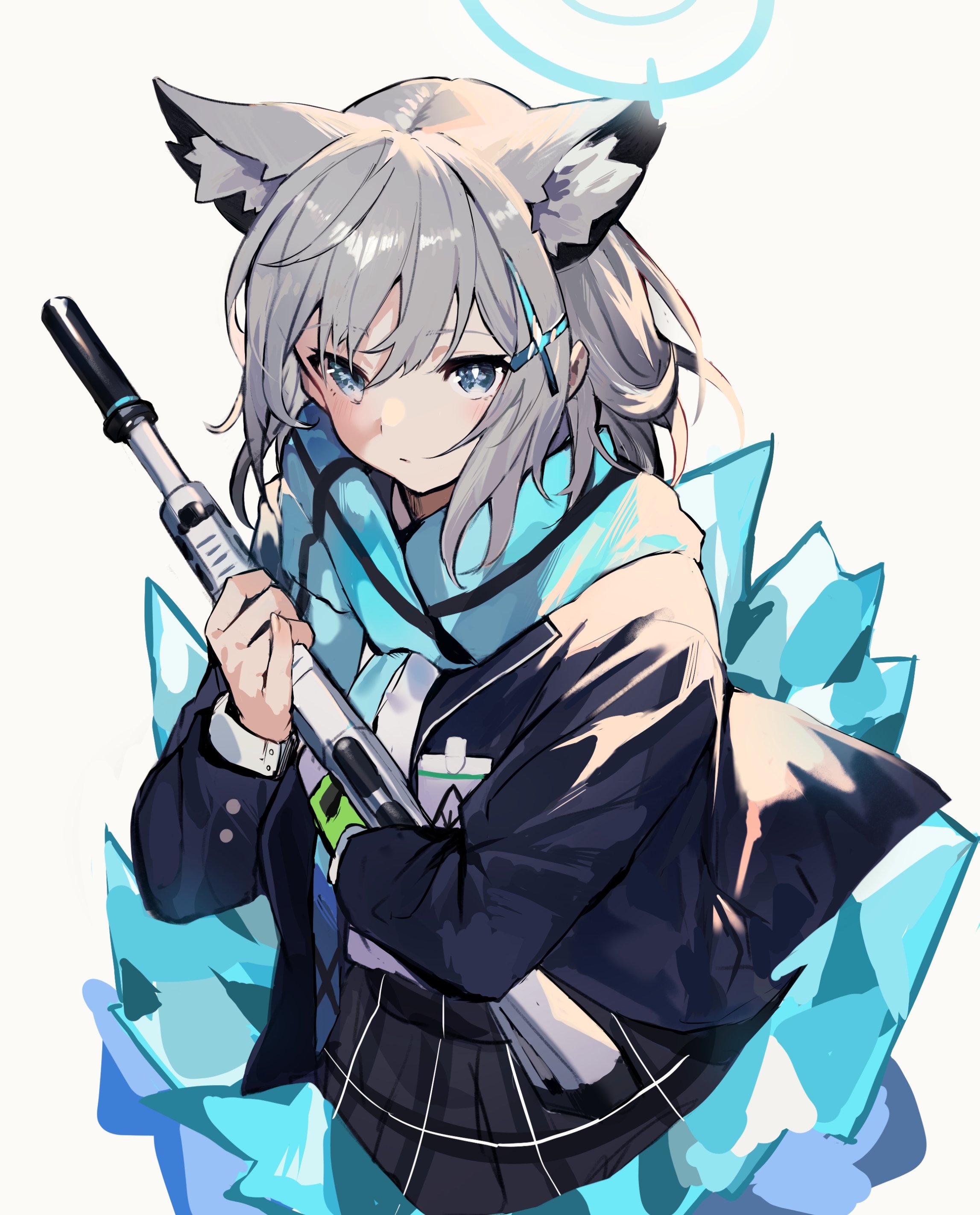 2300x2850 yakihokoudon blue archive sunaookami shiroko angel animal ears gun seifuku, Phone