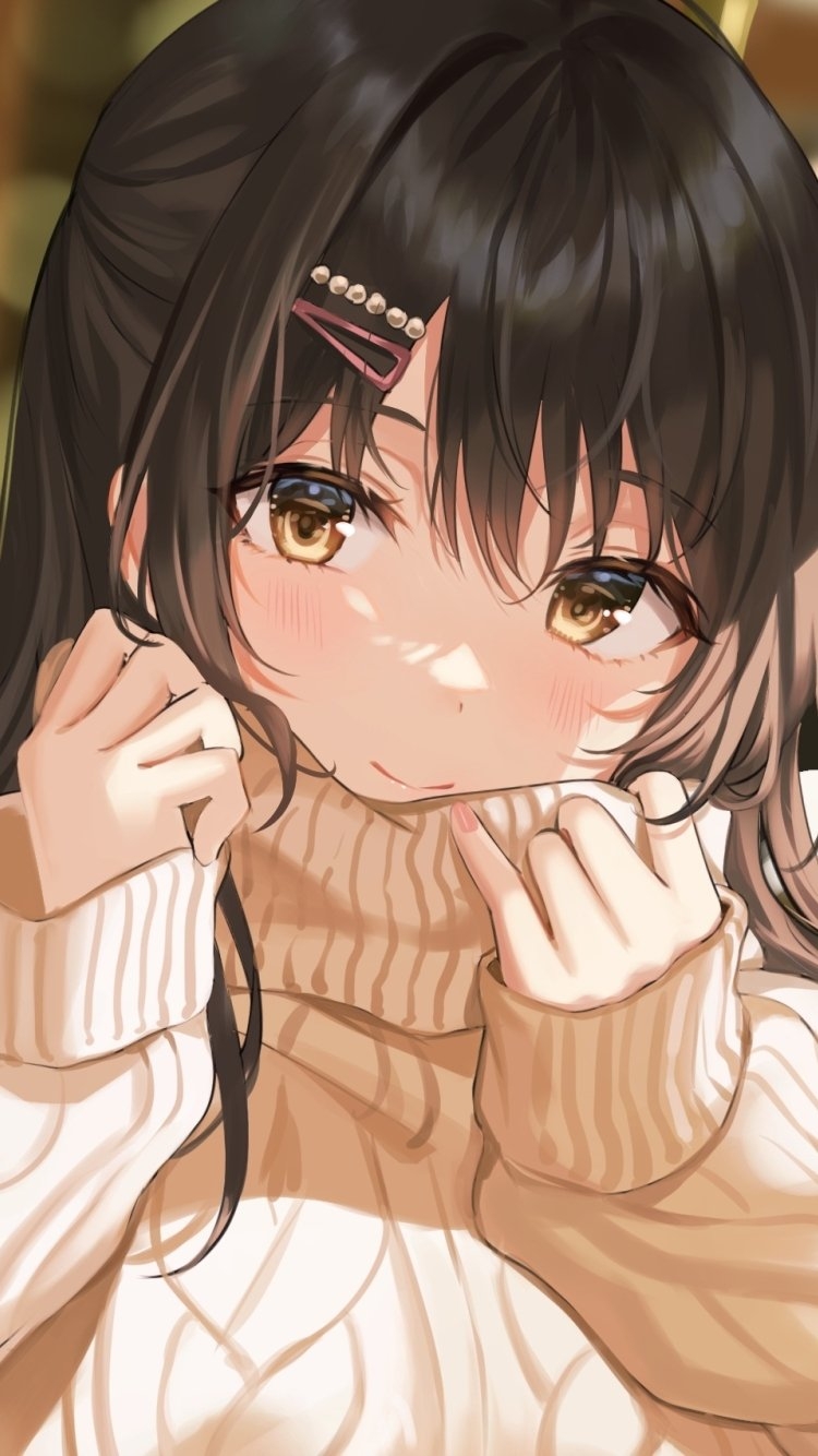 750x1340 Wallpaper Blushes, Moe Anime Girl, Sweater, Cute Anime Girl, Brown Hair:2105x1702, Phone