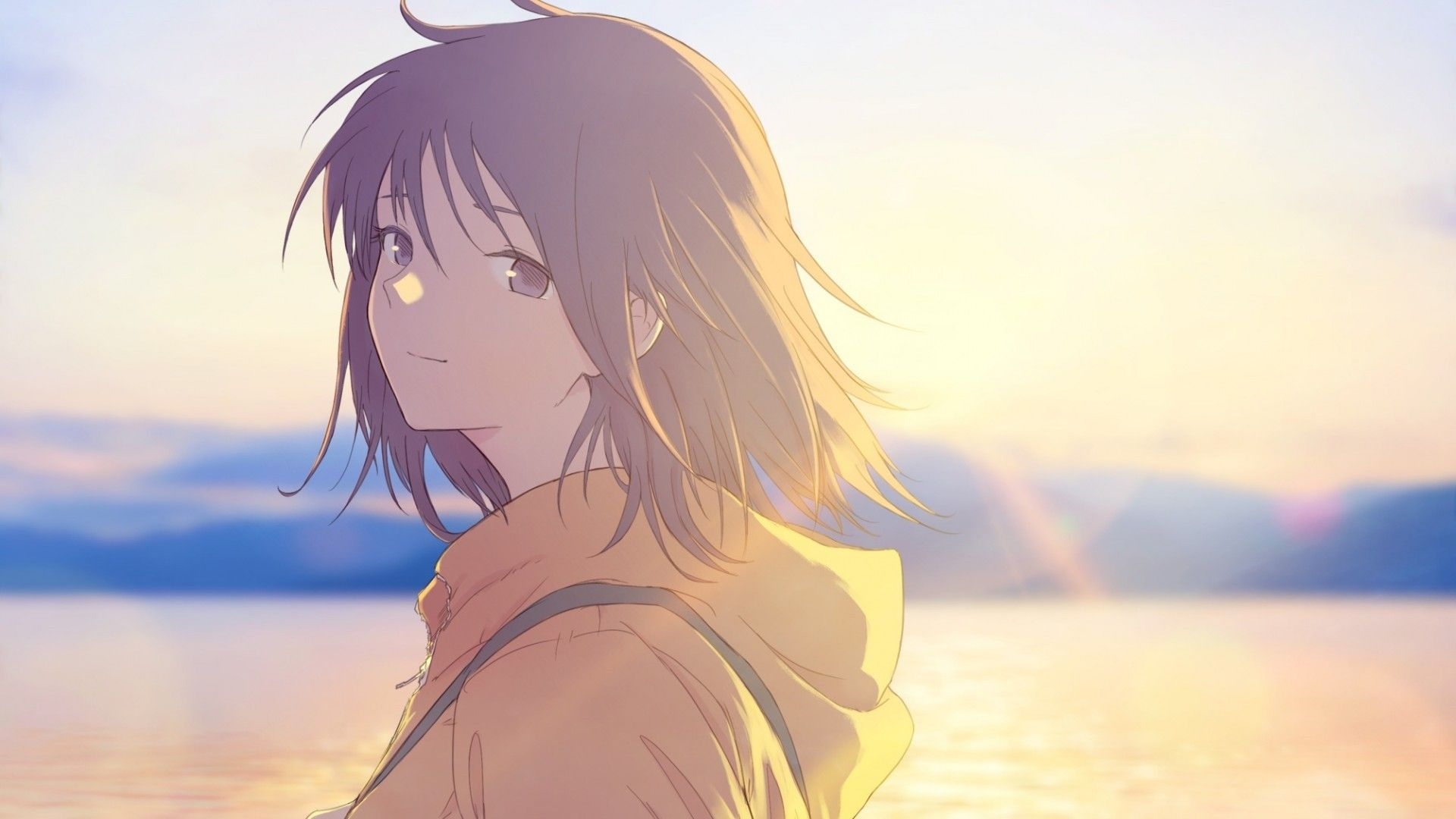 1920x1080 Download  Anime Girl, Profile View, Sunlight, Sea, Beach, Walking, Hoodie Wallpaper for Widescreen, Desktop